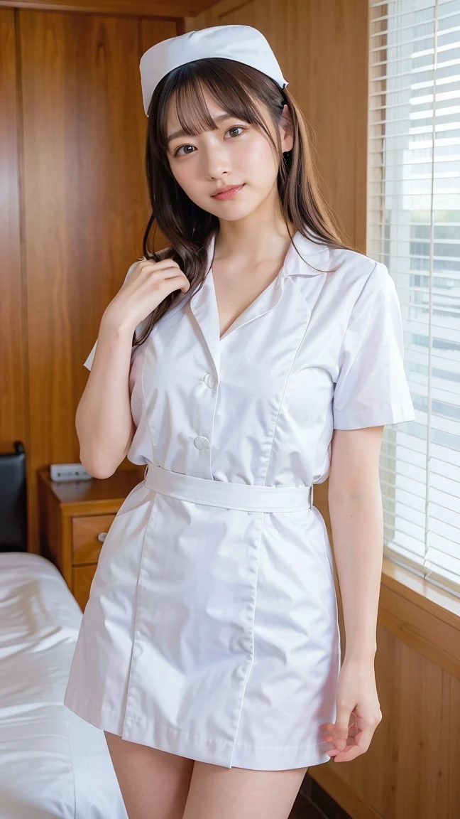 (gigantic breasts), cleavage, nurse, (extremely detailed face), detailed realistic skin texture, grin, 1girl, young woman, 20yo, extremely detailed beautiful eyes, beautiful doe eyes, shiny lips, perfect body, (leaning forward), whole body, BREAK looking at viewer, POV, short sleeves, outfit, white Plain nurse cap, tiles, nurse hat, (nurse uniform, micro miniskirt), ((shiny oiled breasts)), BREAK (best quality, ultra high res, ultra detailed, masterpiece), (realistic), 8K, cinematic lighting, realistic shading, indoors, hospital bed