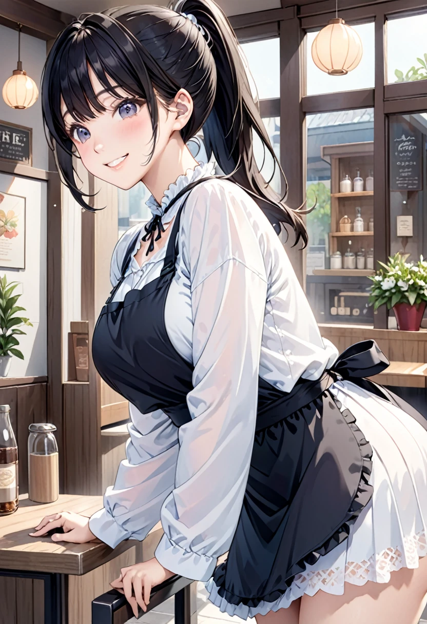 I work in a cafe、The restaurant's interior design seamlessly blended modern and traditional elements, creating a unique and inviting atmosphere、cute、One Woman、(((Black Hair、Small Ass、Big Breasts)))High resolution, 超High resolution, Best Quality, ponytail、noon、(White blouse:1.2), long sleeves, frilled collar, delicate lace pattern,(Black apron skirt:1.2), pleats,White apron with front pockets, waist tie,Black ribbon tie,A big smile、blush、Peering in、Taking orders、((front view,leaning forward、))