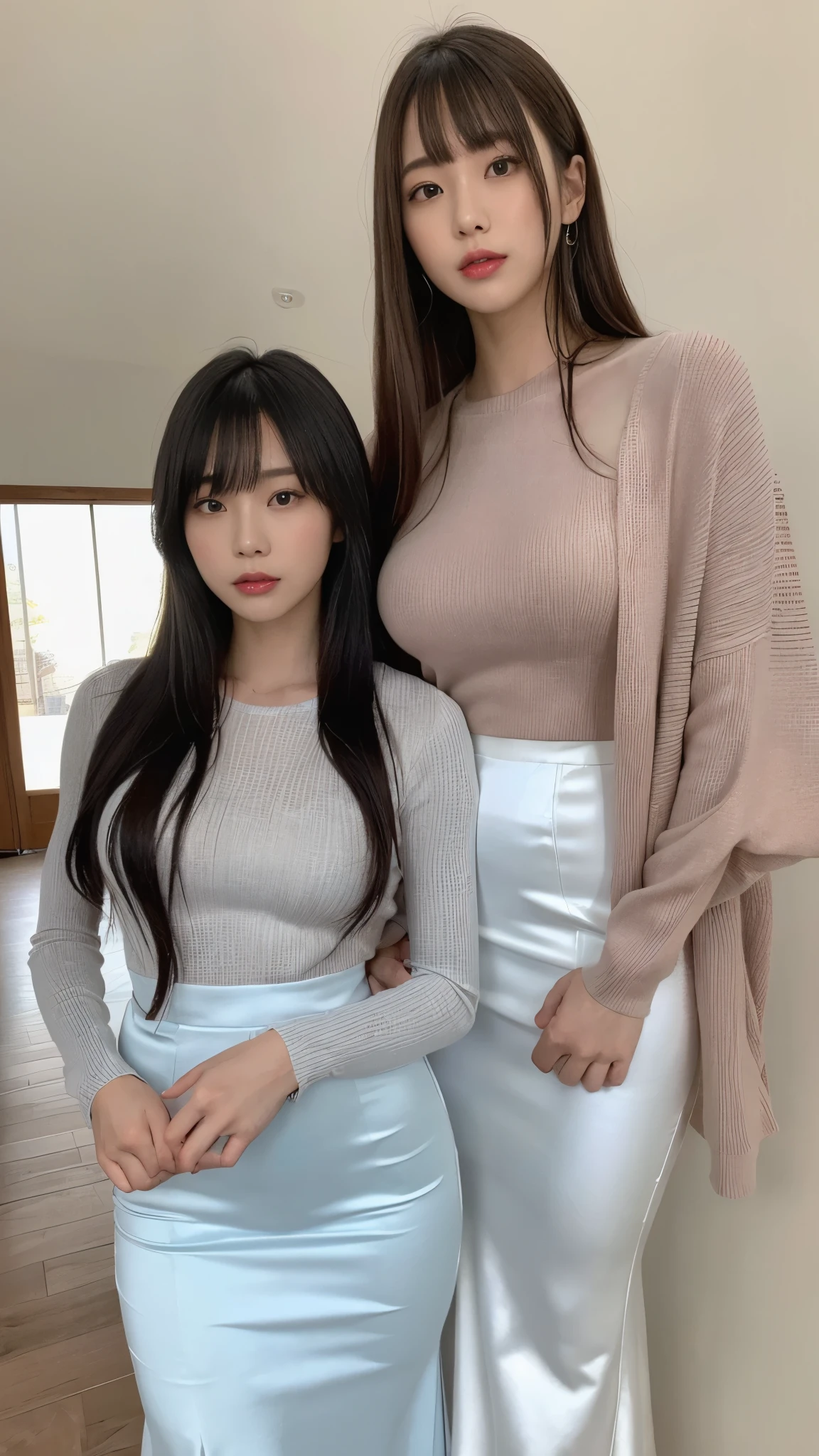 (masterpiece,Best Quality,Ultra-high resolution),Extremely detailed CG,Bob hair with bangs、Beautiful and well-proportioned face、(((Two very beautiful Japanese women))),((Both are wearing high-waisted mermaid pencil skirts in vibrant satin.)),((Maxi length long skirt))、Long sleeve shirt