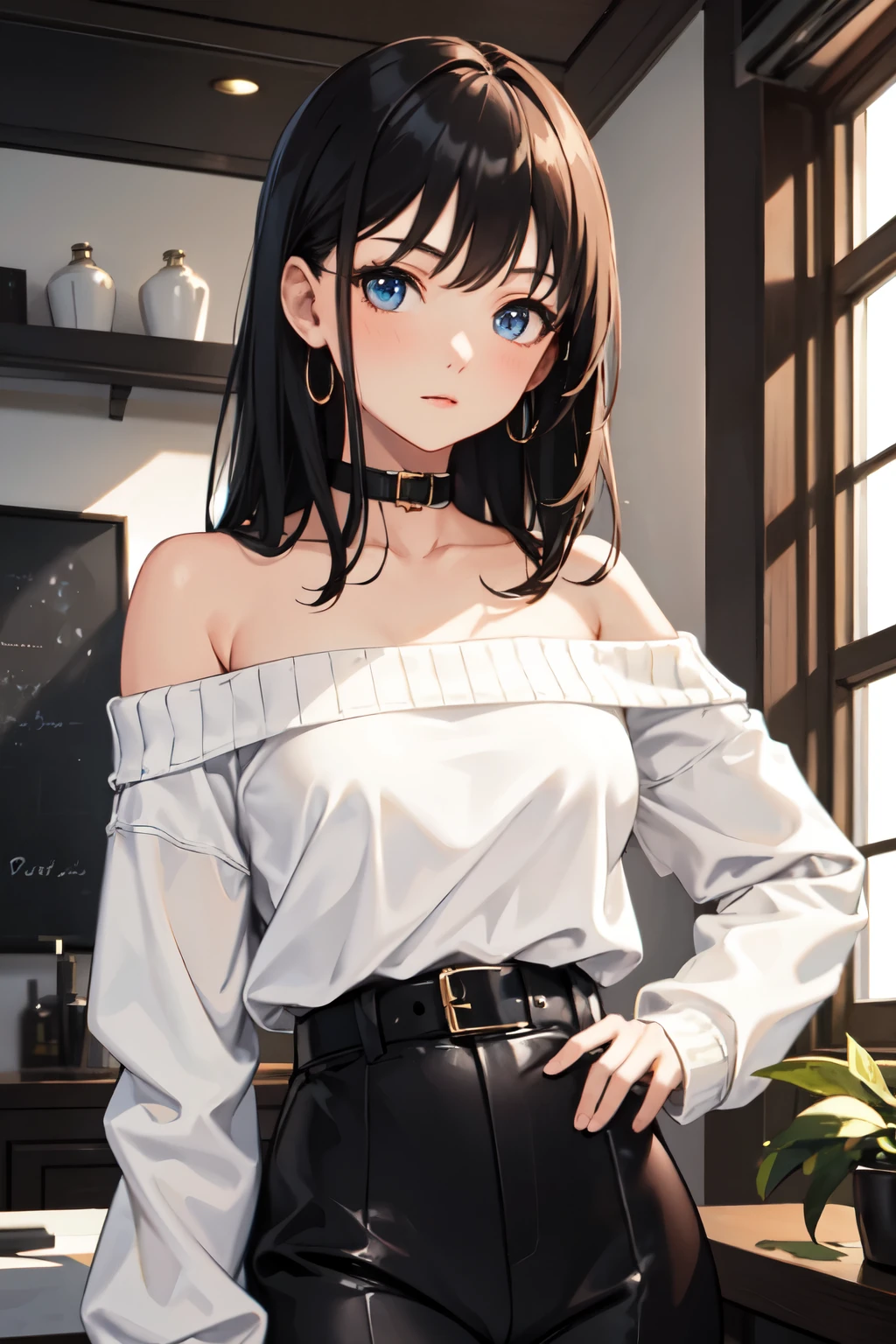 1girl, modern and casual outfit, choker, blush, coffee shop, realistic hands, (leaning to the side:0.25), (from side:0.8), (sitting having a coffee, full shot), (detailed light:1.1), (stylized:1.3), (Highly detailed), (high resolution), (Best quality), (masterpiece)
