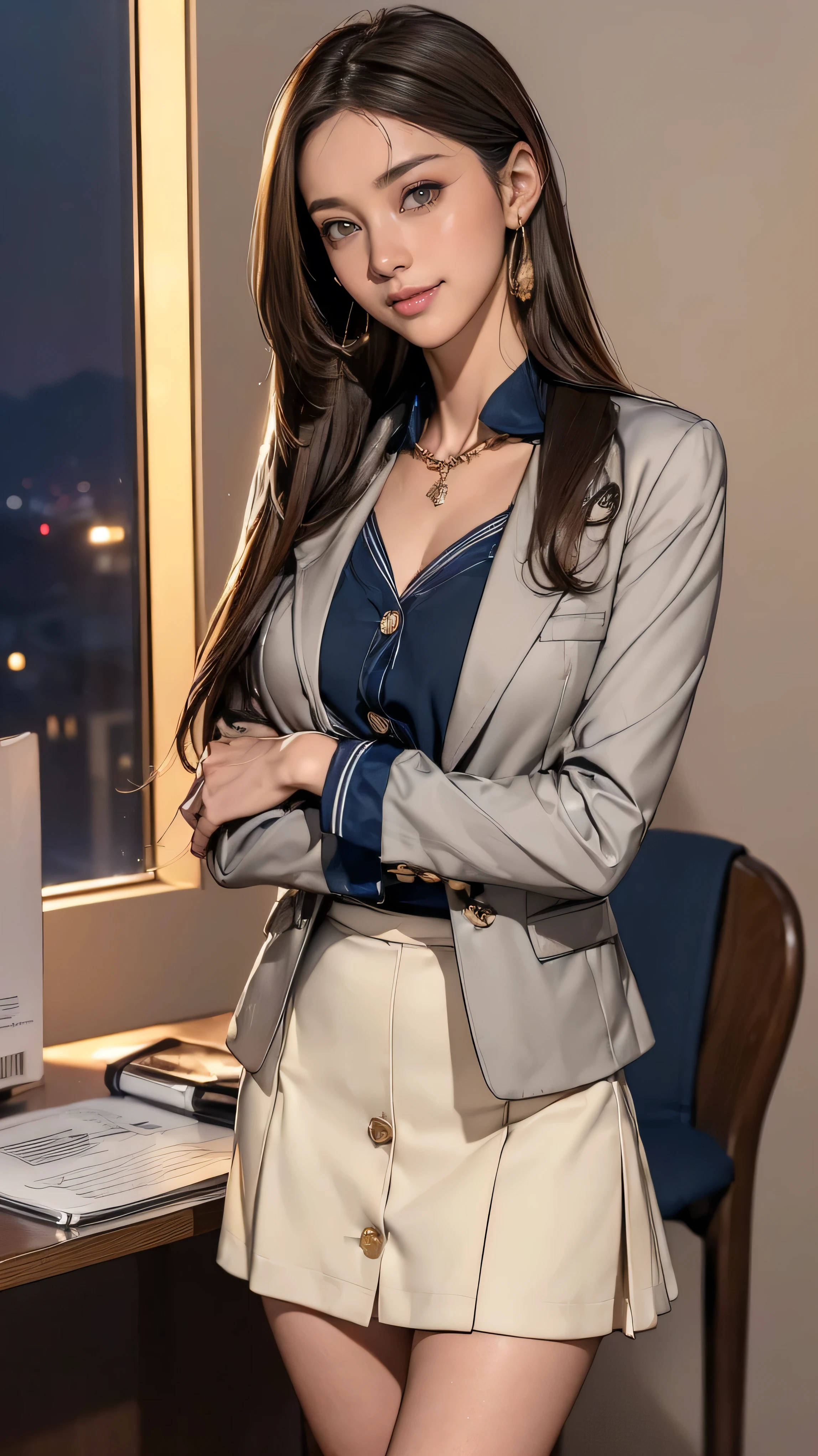 A close up of a woman in a suit standing near a desk - SeaArt AI