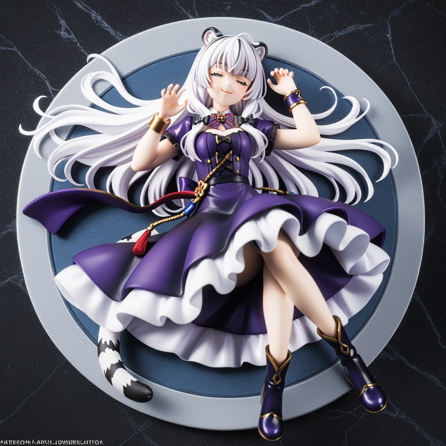 ((masterpiece)), ((extremely delicated and beautiful)), (ultra-detailed), 1girl, solo, long hair, white tiger ears, white tiger tail, closed eyes, uppercut pose, patchy dress, purple dress, black dress, multicolored dress, bracelet, high black boots, blush, cat smile, white hair, mature woman, full body, ((big Bow tie on back of neck)).