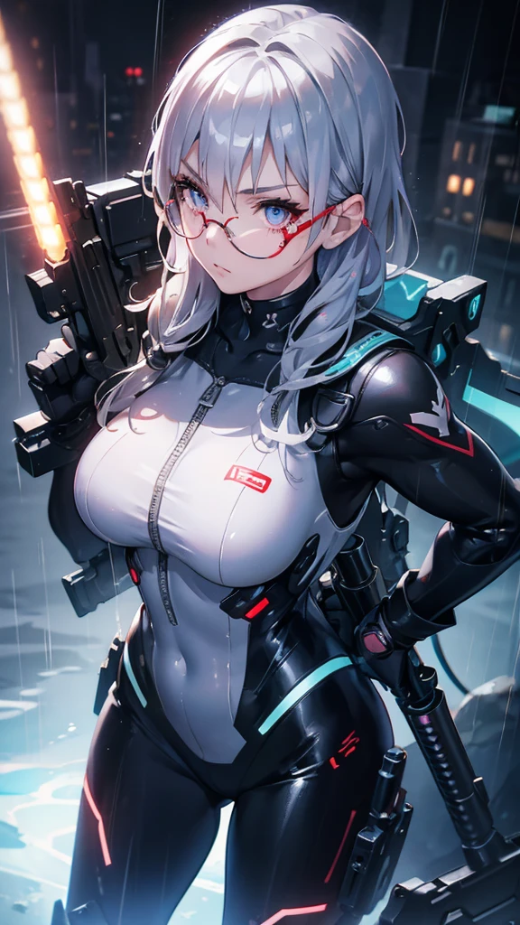 girl with silver hair,large breasts,red glasses,prone position,looking through sniper scope,aiming gun,tactical boots,futuristic gun,rainy environment,high quality,8k,ultra-detailed,hyperrealistic,masterpiece,cinematic lighting,dramatic lighting,dramatic pose,highly detailed facial features,extremely realistic,photorealistic,beautiful detailed eyes,beautiful detailed lips,extremely detailed eyes and face,long eyelashes,1 girl,concept art,Digital Art、Shiny futuristic gun、Vivid depiction of the human body、Sexy Sailor Battle Suit