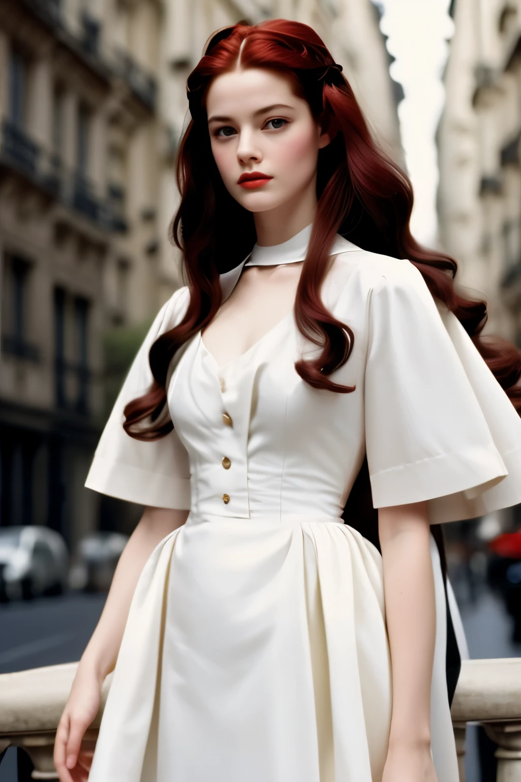 Film still, girl, dark red hair, long wavy hair, pale white skin, 1995 movie, paris, prada