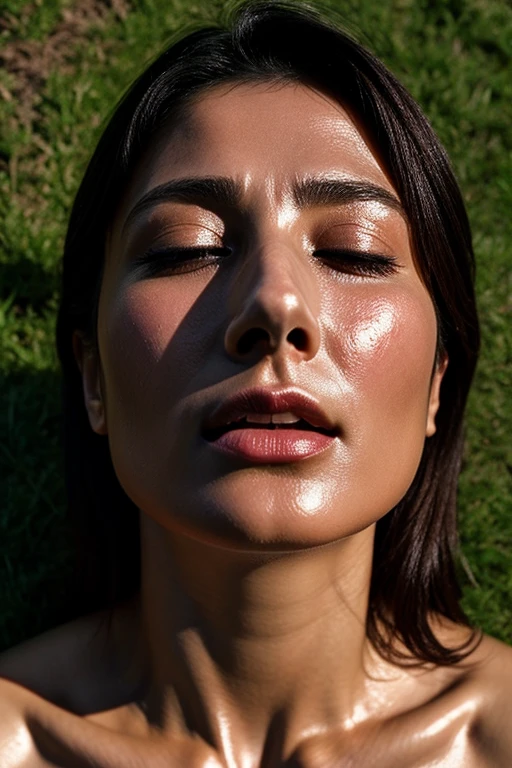 Tabletop,Award-winning photography, Very detailed, スーパーorgasm, Woman with open mouth and closed eyes , Skin shiny with sweat、Sharp focus on the face、From below、Lighting that highlights shiny sweat{{{orgasm:1.5 }}}, Black-haired、Please be careful when viewing、,nsfw,(:1.3) ,(Final:1.2),(Vulgar:1.3),(steam:1.1),(Wet:0.8),(trembling:0.8),(tears:0.7) ,(Drooling:0.6),(sweat:0.8),((Face close-up))Glossy skin with ultra-realistic details((Real human skin))(Small head),Bright light,Beautiful Japanese Women(Sharp focus on the eyes, Nose and mouth)In the grass,(Frowning, Raise your eyebrows, Half-open, Grimacing, shout)((Symmetrical nostril shape))((Feminine slim neck))