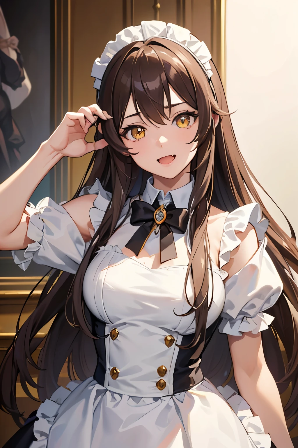 masterpiece, best quality, 1girl, brown hair, smile, fang, yellow eyes, long hair, messy hair, mugshot, small breasts, upper body, maid outfit, mature, mature face, milf, empty background, detailed eyes, detailed facial features, realistic and high resolution (best quality, 4k, 8k, highres, masterpiece:1.2)