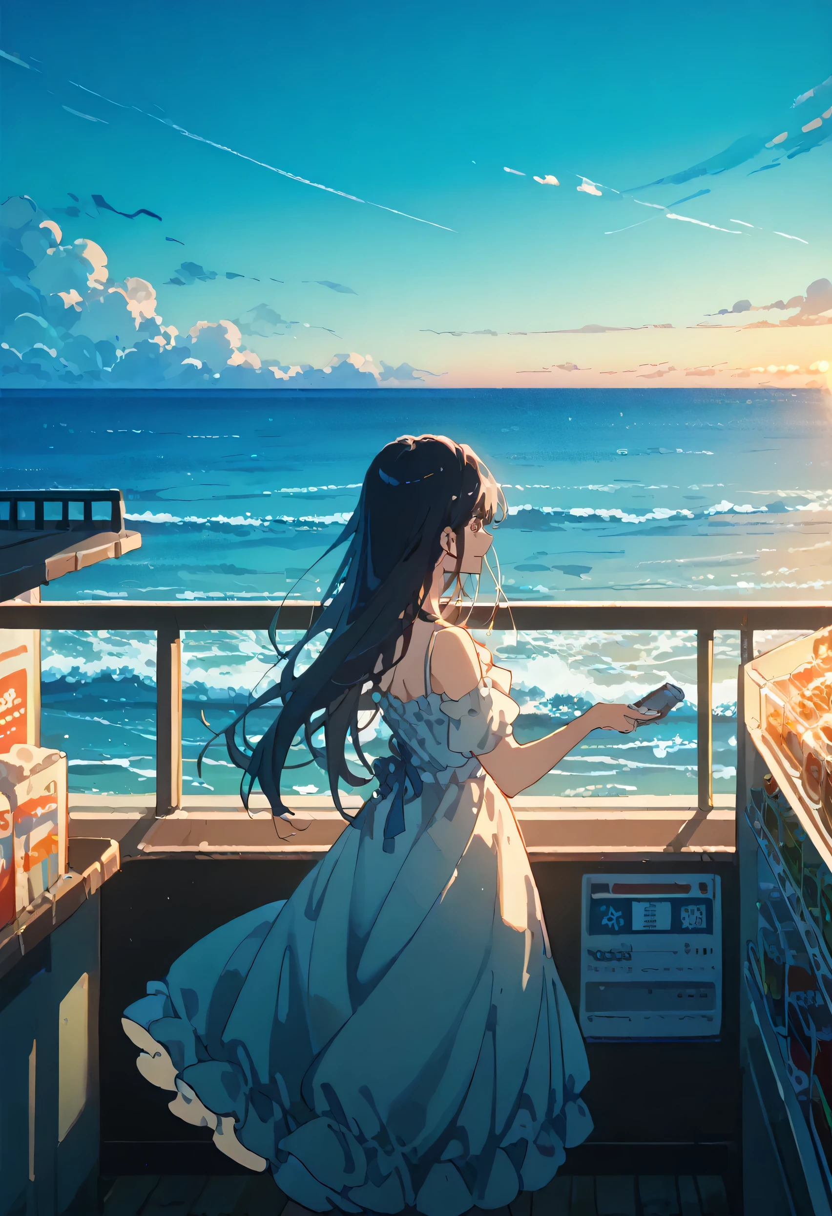 Beautiful sea, evening, a girl is standing on the beach, facing the sea, a convenience store is shining on the sea, mysterious, no man-made objects, a long shot, an endless sea