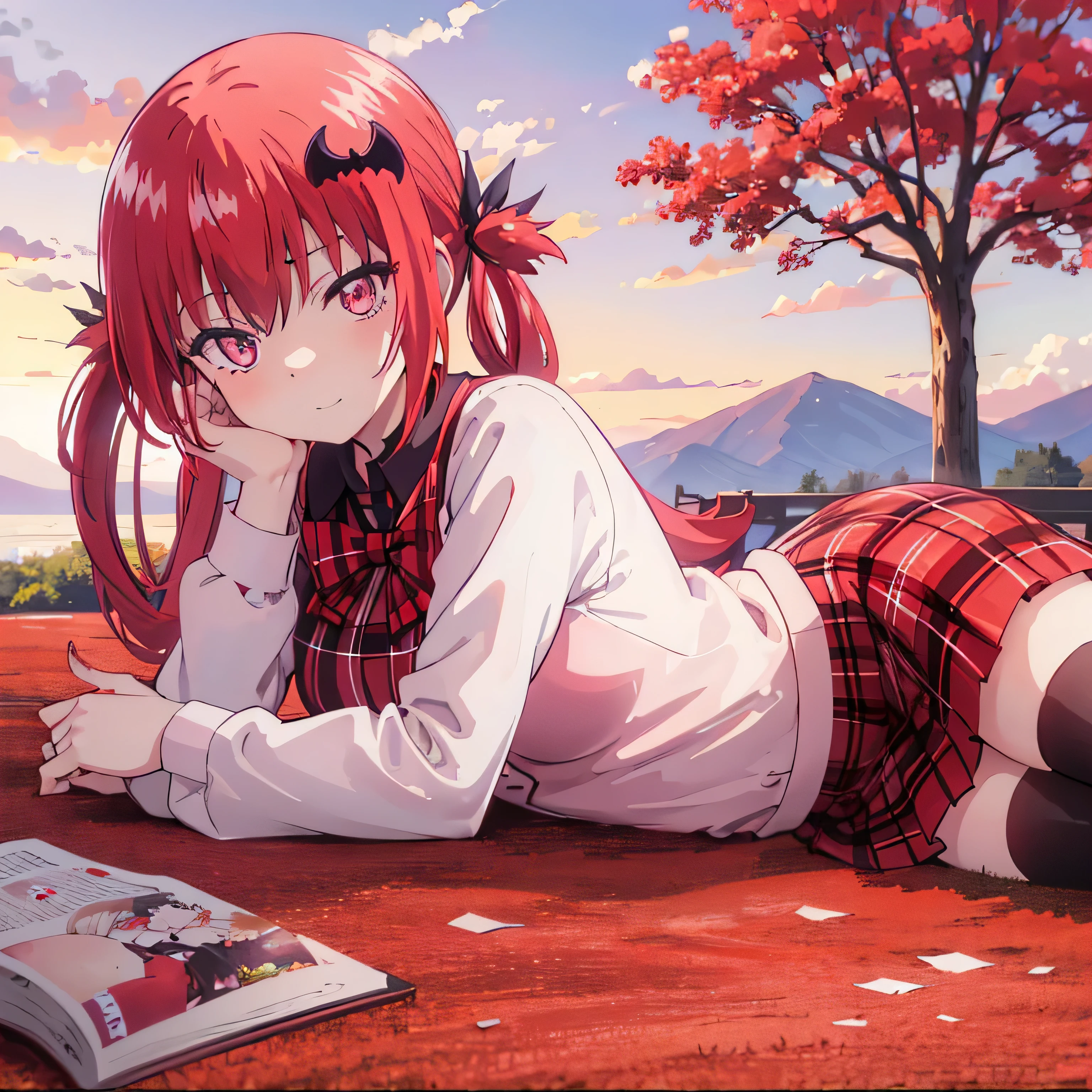 lying down and relaxing in a beautiful spring red trees with a beautiful sunset with scattered clouds Satanichia mcdowell kurumizawa making a cute pose and dressed beautifully in a red plaid kilt and purple blouse and black stockings and bright beautiful red hair, semi long and tied with 2 pigtails, 
Beautiful magenta eyes Detailed rendered and detailed arms and fingers