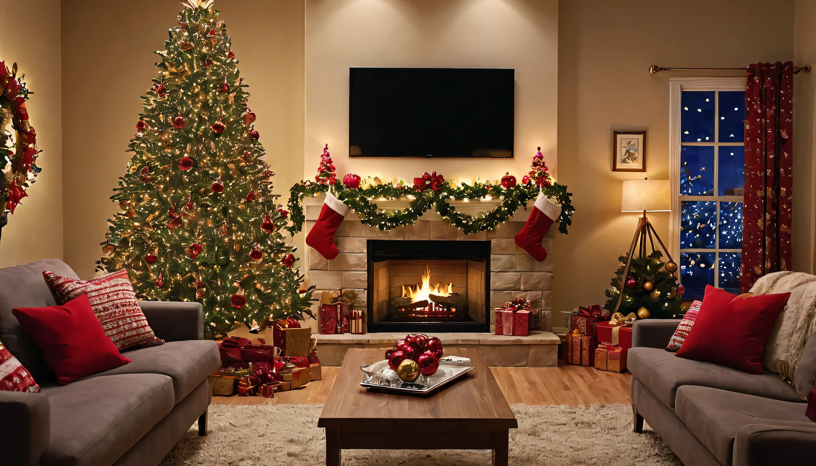 (photorealism:1.2), ultra high-definition, hyper-realistic wide-angle shot of a beautifully decorated living room for Christmas. The room is adorned with lush red and gold holiday decorations, with a large Christmas tree sparkling in the corner, wrapped in glowing lights and ornaments. In the center of the room is a large flat-screen TV, displaying a cozy holiday scene. The warm, ambient lighting from the fireplace and twinkling Christmas lights reflects off the red-toned décor, creating a rich, inviting atmosphere. The color palette is dominated by deep reds, golds, and warm tones, evoking a sense of festive luxury and holiday warmth., 4K, 8k, 16k