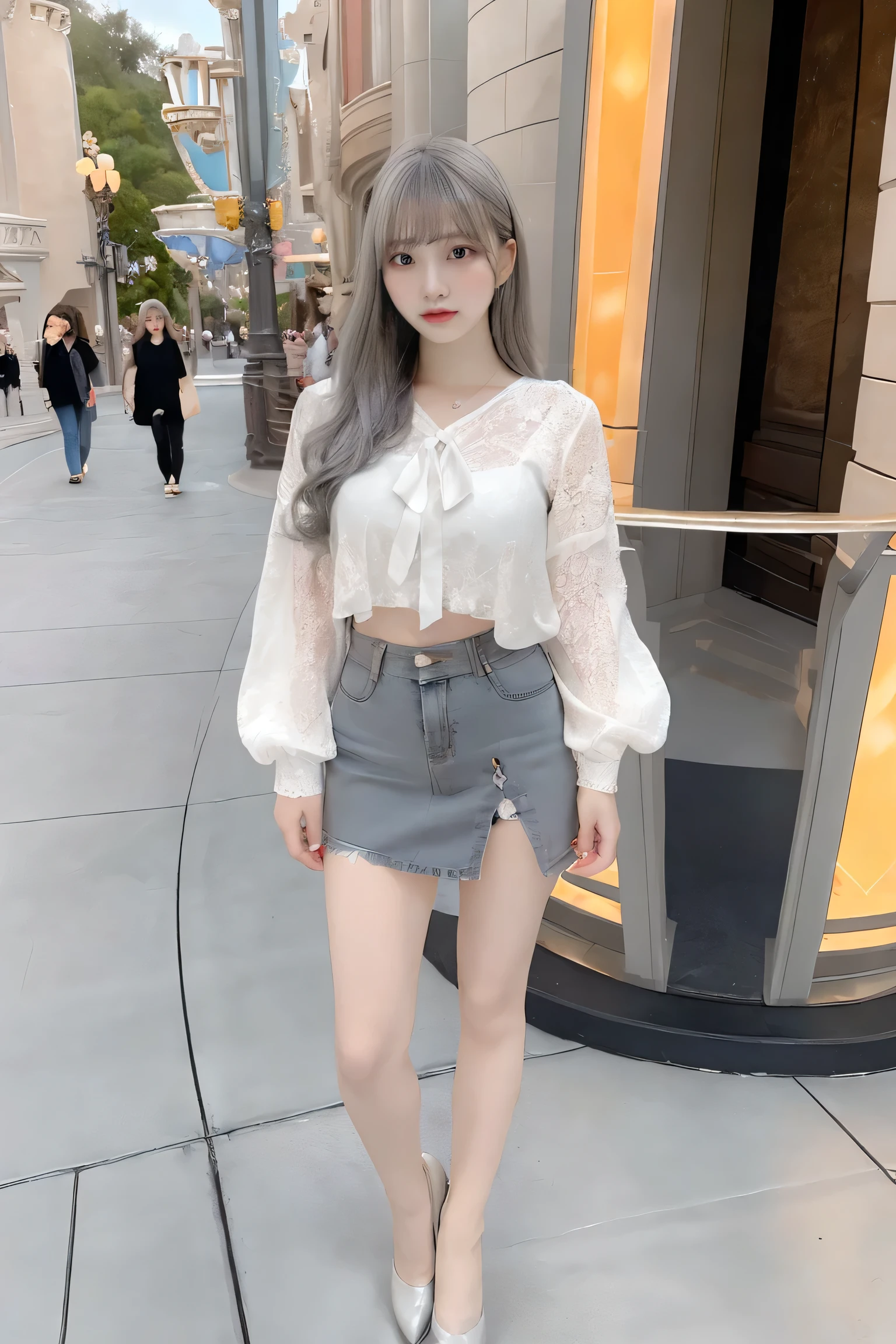 ,{{light amber and gray hair}}, {{light gray and gray}} , ((blunt bangs)),((blunt bangs)),{{light amber and gray}},{{light silver and light gray hair}}, , (((light amber and gray hair))), ,(((light amber and gray hair))),{{light amber and gray hair}}, {{light gray and gray hair}} ,{{light silver and light gray hair}} ,(((light amber and gray hair))),{{light amber and gray}},((blunt bangs)),{{light amber and gray}}, ((light amber and gray hair)),(((At Disneyland、frombelow))),(masterpiece, highest quality, Realistically, work, Very detailed, 8k), ((Wide-angle lens, Full body woman love)), 1 girl,light makeup,exquisite features,smile,exquisite crystal jewelry,Heart-shaped necklace,Correct finger structure,(White blouse)、(White flared mini skirt)、Leather shoes,Long legs,Frontal standing posture ,Full body portrait,skyscrapers are hazy、(The wind blows up my skirt)、(Black lace panties are visible), (((slim and beautiful legs))),(((((long hair))))), (((Super big breasts))),(((((showing leg))))),(((solo))),1girl,((((cute style clothes)))), ,((((sexy legs)))),((((real clothes)))),(((sweet style clothes with design, reasonable clothing))),(((exquisite fashion outfits))), (((long sleeve))),((( denim skirt))),(((Cute selfie pose))),((super big breast)),((Gcup breast)),((super big breast)),((Gcup breast)),((super big breast)),((Gcup breast)),((super big breast)),((Gcup breast)),((super big breast)),((Gcup breast)),(((full body, full body shot, showing legs, shot from far away))),(((full body, full body shot, showing legs, shot from far away)))