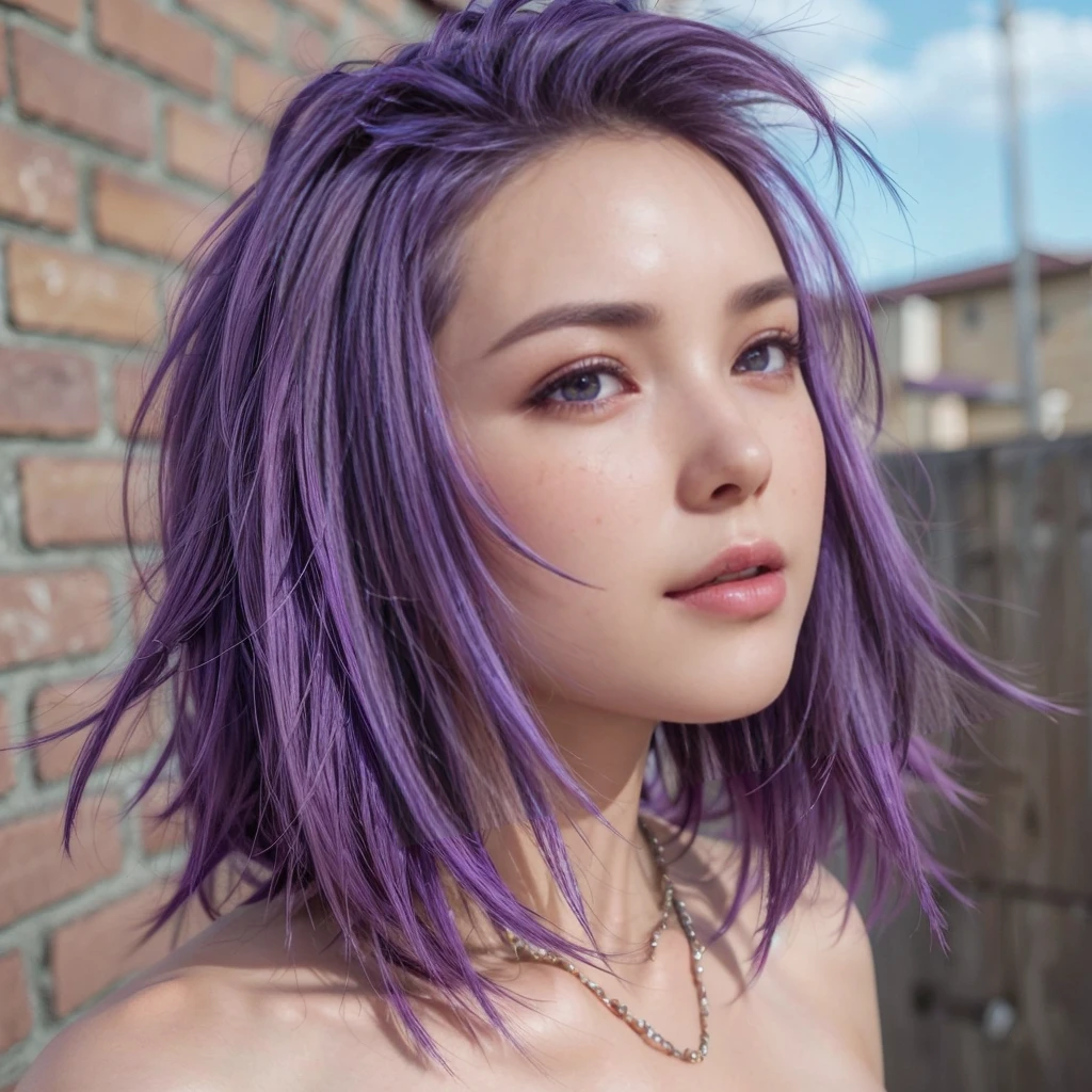 half shot, lifelike, 8k, hdr, high details, absurdres, legal age, builky, east asian, light blue eyes, , lilac mohawk hair, amusement, realistic skin details,t-shirt, seductive stare, locking eyes with the camera, radiating confidence and seduction,moon, detailed face,