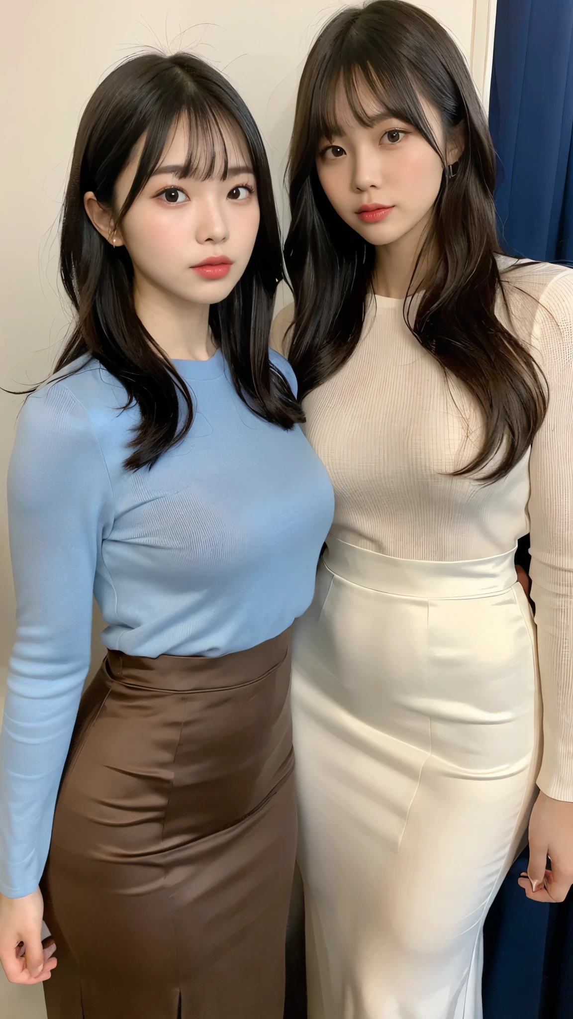 (masterpiece,Best Quality,Ultra-high resolution),Extremely detailed CG,Bob hair with bangs、Beautiful and well-proportioned face、(((Two very beautiful Japanese women))),((Both are wearing high-waisted mermaid pencil skirts in vibrant satin.)),((Maxi length long skirt))、Long sleeve shirt