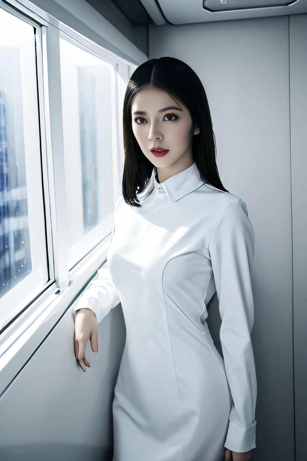 there is a woman posing with her hands on her head, cindy avelino, portrait of modern darna, wearing futuristic white suit, wearing futuristic, inspired by Han Gan, portrait shot, solo photoshoot, wearing lab coat and a blouse, advertising photo, promo image, high - end fashion photoshoot, mid shot portrait, promo shot, inspired by Gao Cen, promotional portrait