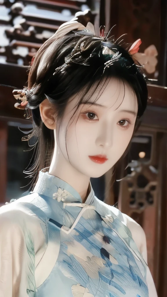 Hanfu，palace，穿Hanfu的女孩，Wearing ancient Chinese clothing，Traditional Chinese Clothing，Ancient Chinese Clothing，Ancient Chinese Princess，Chinese，Half-exposed shoulders，Beth，(masterpiece),(Best quality:1.1),(Very detailed),Best Illustration,Fine details,(portrait:1.1),(Intense close-up)，(Extremely delicate and beautiful face），Frontal，Jewelry