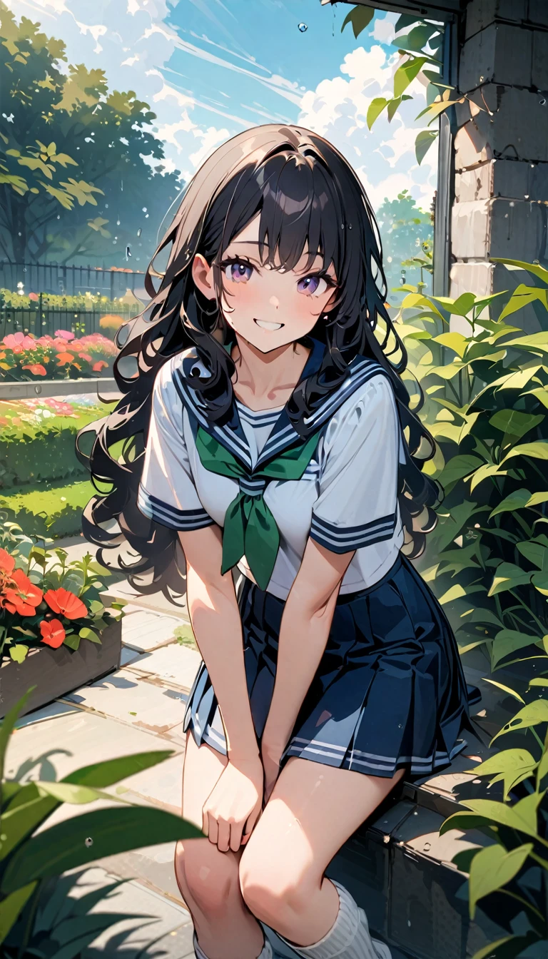 (masterpiece:1.3,Please redeem,,8k,Ultra-high resolution, Very detailed),Beautiful detailed hair, Beautifully detailed face, Attention to beautiful details ,(Perfect Anatomy, Anatomically correct, Very detailed肌),((whole body:1.4)),Beautiful Face,(High school girl,Sailor suit:1.3,White loose socks:1.2,Brown Loafers,Black Hair,Long Hair,Curly Hair,mini skirt),((garden,The best smile,Sky after the rain:1.2,There&#39;There is a rainbow in the sky:1.3)),Beautiful legs:1.2,((Natural Makeup:1.3)),((Stop and look up at the sky:1.3)),shy expression,Sit on a bench,Spread your legs:1.3,Squat:1.2,Pink Panties,Peace sign,Lift up your skirt:1.3