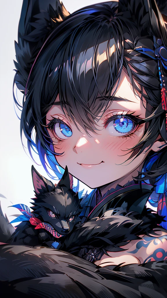 Black jackal, High Definition Dark Black Fur_Detail:1, blue fur,kitsune ears, tribal tattoo add_Detail:1 cute black kimono from the Edo era, pretty girl add_Detail:3 1 girl, flirtatious look add_Detail:3, Shinobi girl, full body view