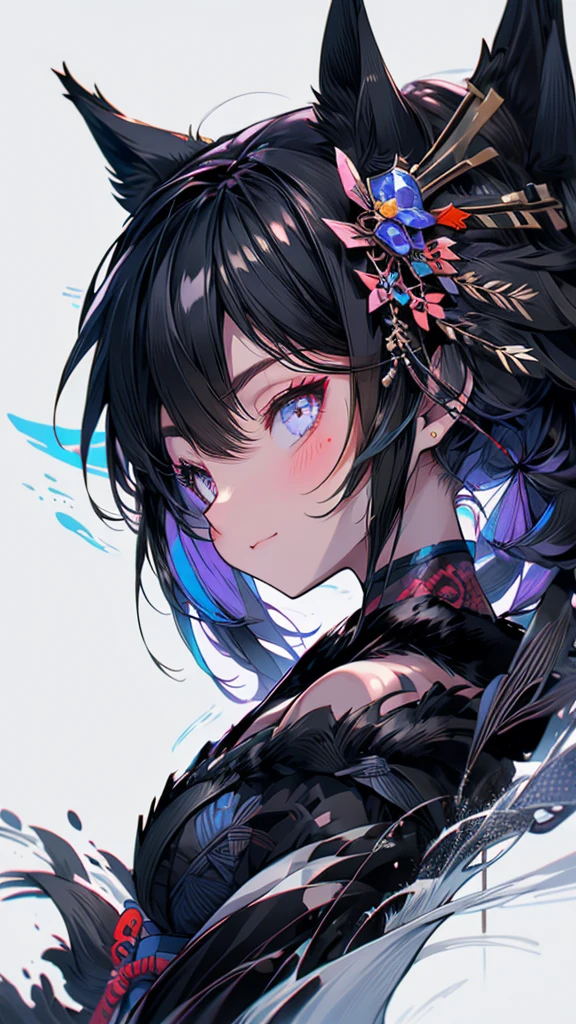 Black jackal, High Definition Dark Black Fur_Detail:1, blue fur,kitsune ears, tribal tattoo add_Detail:1 cute black kimono from the Edo era, pretty girl add_Detail:3 1 girl, flirtatious look add_Detail:3, Shinobi girl, full body view