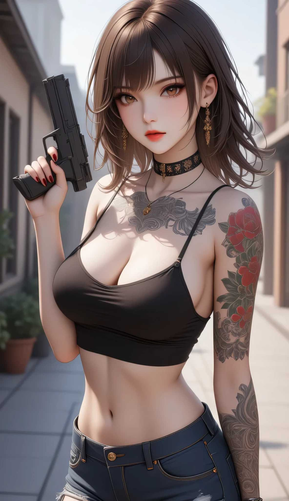 1girl, crop top overhang, shorts denim, tattoo, full-body tattoos, holding a pistol 