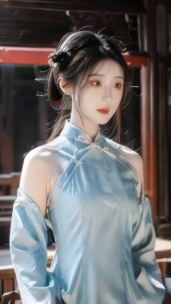 Hanfu，palace，穿Hanfu的女孩，Wearing ancient Chinese clothing，Traditional Chinese Clothing，Ancient Chinese Clothing，Ancient Chinese Princess，Chinese，Half-exposed shoulders，Beth，(masterpiece),(Best quality:1.1),(Very detailed),Best Illustration,Fine details,(portrait:1.1),(Intense close-up)，(Extremely delicate and beautiful face），Frontal，Jewelry