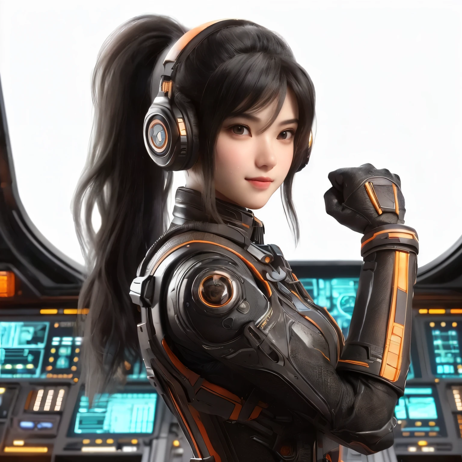 Top Quality, Masterpiece, Ultra High Resolution, (Photorealistic: 1.4), Raw Photo, 1 Girl, Black Hair, Glossy Skin, 1 Mechanical Girl, (((Ultra Realistic Details)), Portrait, Global Illumination, Shadows, Octane Rendering, 8K, Ultra Sharp, Intricate Ornaments Details, realistic skin, sweat effect, ((wearing Headphone)), very intricate detail, realistic light, CGSoation trend, brown eyes, glowing eyes, matte black and glossy orange mechanical bodysuit, Long hair, black hair, Ponytail hair, full body shot, spaceship bridge background, dynamic pose, smile