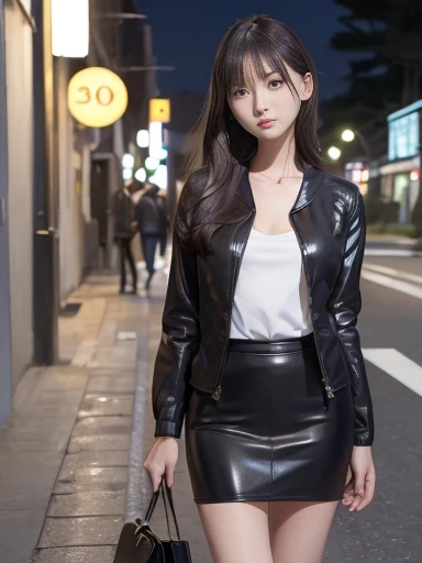 Knees,年轻,(Leather skirt),Zip Up,teens girl,A dark-haired,Twin-tailed,poneyTail,delicate and petite body