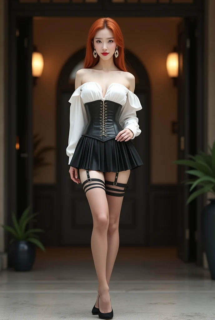 ((masterpiece:1.4)、(Highest quality:1.4)、(Realistic:1.7))、Masterpiece:1.4、(Top-notch rendering:1.4)、Super Beautiful Girl 5、Ultra-Realistic Portraits、((1 Girl:1.4))、Shiny natural skin texture、(Fashionable outfits:1.4)、(Sexy red corset:1.4)、(Sexy super mini skirt costume:1.4)、(An outfit that emphasizes beautiful breasts:1.4)、Attractive girl、19 years old、(Cute Tattoos:1.4)、(Perfect female body:1.4)、(Girl portrait photography:1.4)、8K、(Photorealistic images:1.4)、(Standing:1.4)、(Upper body photo:1.4)、Fantasy art、Soft front light、(Beautiful Face:1.4)、Beautiful breasts、Large Breasts:1.2、sexy ass、Detailed eyes、Beautiful and attractive eyes、Beautiful Eyes、(Beautiful girl with a slim waist:1.4)、(Narrow waist:1.4)、(9-body proportions beautiful girl:1.4)、(A beautiful girl with long legs and a good figure:1.4)、Beautiful feet:1.2、Raw photo、Red lips、Red high heels、(choker:1.4、necklace:1.4、Earrings:1.4)

