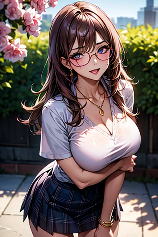 intricate detailed, detailed skin, skin texture, detailed hair, original, best quality, masterpiece, absurdres, ultra detailed, finely detail, Depth of field, extremely detailed 8K wallpaper, 4K, (8K),
JK, gyaru, Energetic girls, (Solo,1girl,1_girl),
upper waist shot, breasts focus, from above, dynamic angle,
mature face, milf, Very sexy girl, girl,woman,female, Perfect face, a beautiful yo woman,
Caramel brown Hair, medium hair:0.4, silky hair, bangs, tan, brown skin,
Blue eyes, eyelashes, mascara, ((tareme:1.4, droopy eyes)), half close eyes,
blush, glossy lips, open mouth, tongue out,
well built, muscularity, high stature, thick thighs, big butt, glamorous,
Large breasts, beautiful breasts, slim waist, beautiful thighs,
happy, enjoy, bewitching smile, staring at viewer,
((pink under-rim glasses:1.4)), ((sukebra:0.4)), jewelry, Gold Necklace, earring, Bracelets, (school uniform, white shirt, short sleeve shirt), (plaid skirt, blue skirt, miniskirt, micro skirt), cleavage,
head_tilt,
model standing pose, contrapposto, hands between legs, leaning forward,
BREAK
bloom, high brightness, strong light,
(outdoor), daytime, High school, school build, nature, Summer blue sky, tree, natural lighting, bokeh photography,