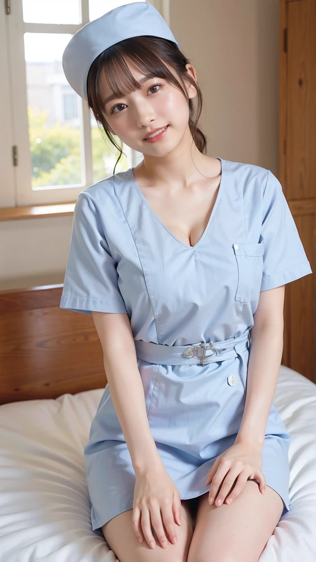 (gigantic breasts), cleavage, nurse, (extremely detailed face), detailed realistic skin texture, grin, 1girl, young woman, 20yo, extremely detailed beautiful eyes, beautiful doe eyes, shiny lips, perfect body, (leaning forward), whole body, BREAK looking at viewer, POV, short sleeves, outfit, white Plain nurse cap, tiles, nurse hat, (nurse uniform, micro miniskirt), ((perl skin)), BREAK (best quality, ultra high res, ultra detailed, masterpiece), (realistic), 8K, cinematic lighting, realistic shading, indoors, hospital bed