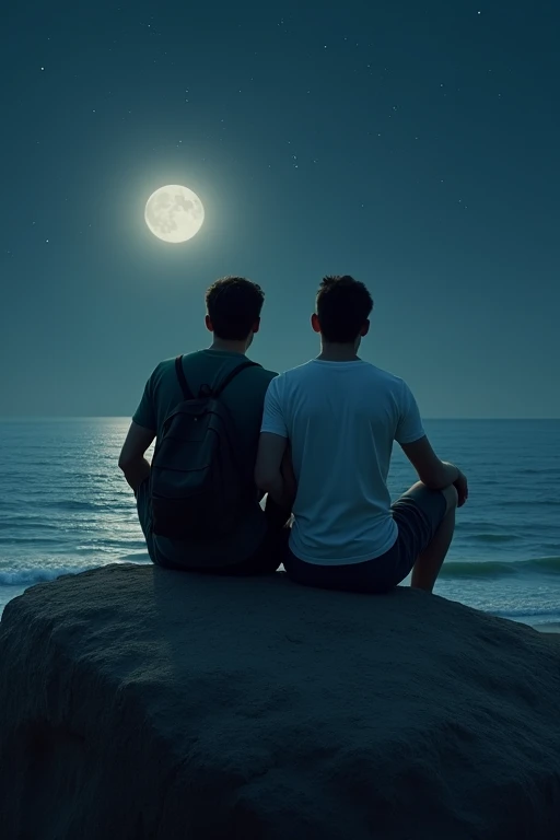 Realistic analog photograph, two cute guys in their 20s, in love, cuddling under a stary sky, romantic setting, hammock, looking up, from the top, pointing at the sky, cuddle