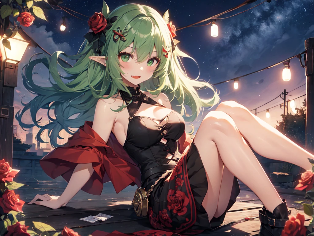 solo、One person、Goblin Girl、（Dark green skin：1.8）、（Green Hair：1.8）、（Wavy Curly Hair、Long Hair、Green Eyes）、（Brown Summer Dress、Brown cable knit dress）、（Shorts）、（Red rose hair ornament）、Big Breasts、Lipstick Makeup、Eyeshadow Makeup、Pointed Ears、Bared Fangs、（Looking at the camera、On one knee）、Muscular、Surrounded by roses、Starry Sky、Strong winds、From the chest up、High resolution、masterpiece、correct answer、High resolution、award、repay、High resolution、8k