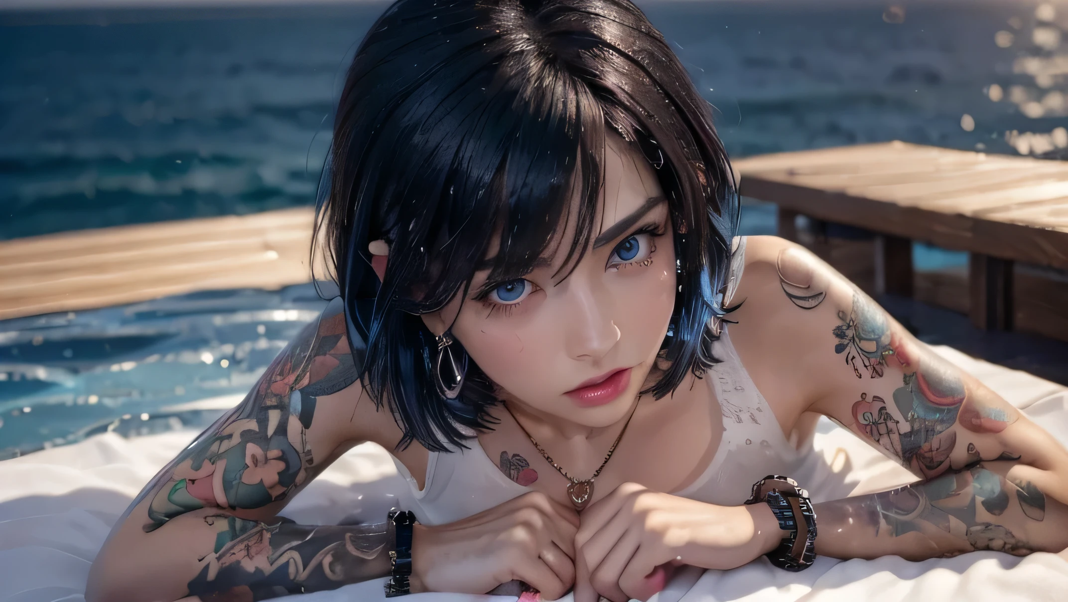 (Midnight1:2)((eye closeup shot)). masterpiece, best quality, high quality, 8K, (((black hair, colored inner hair, blue hair))). (bob without bangs) hairstyle with volume,Ukrainian young woman((very pale white skin)), toned body,
((tattoo)), (cropped shirt,), red crop top, many(necklaces), (Many earrings)(many bracelet). knit is open in the front. Board a cruise ship and look at the sea from the deck. she was sweating, and her face and chest were extremely wet with sweat. She is perspiration, be wringing with lot of sweat, sweat like a pig. Skin shiny with lot of sweat、sweat is dripping down, Illumination that emphasizes shiny sweat (Spread:1.4)
correct anatomy
perfect proportion
perfect face
perfect hands
perfect legs
perfect fingers
five fingers