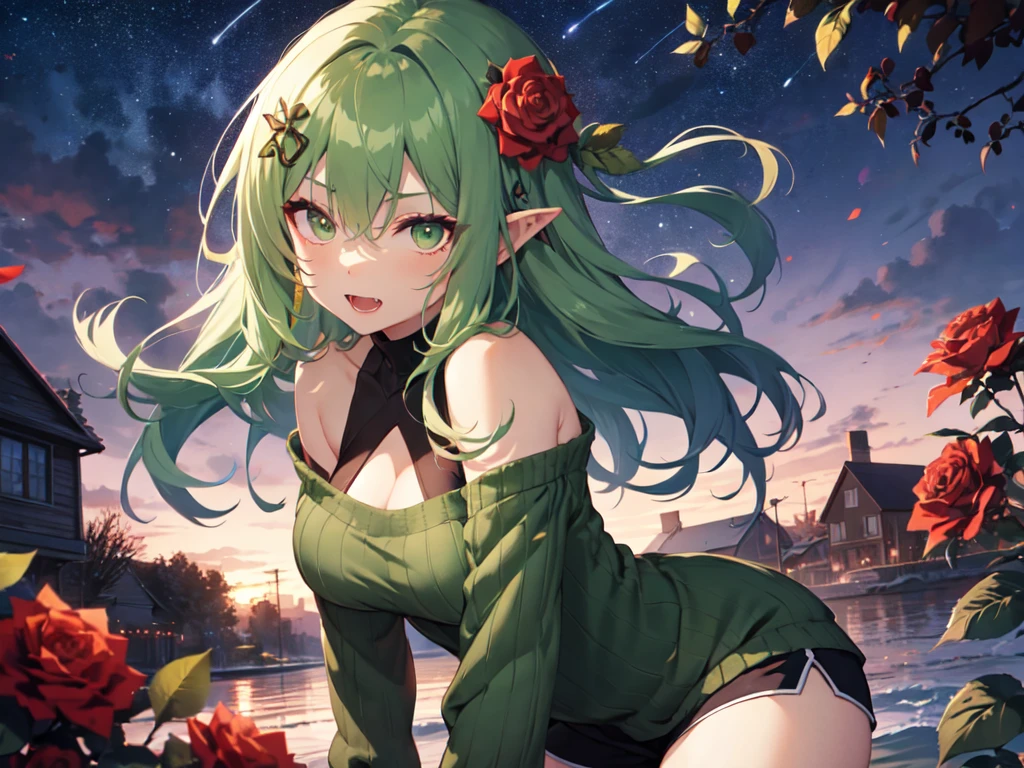 solo、One person、Adult female goblin、（Dark green skin:2）、（Green Hair:2）、（Wavy Curly Hair、Long Hair、Green Eyes）、（Brown Summer Dress、Brown cable knit dress:2）、（Shorts:2）、（Red rose hair ornament）、Big Breasts、Lipstick Makeup、Eyeshadow Makeup、Pointed Ears、Bared Fangs、（Looking at the camera、On one knee）、Muscular、Surrounded by roses、Starry Sky、Strong winds、From the chest up、High resolution、masterpiece、correct answer、High resolution、award、repay、High resolution、8k