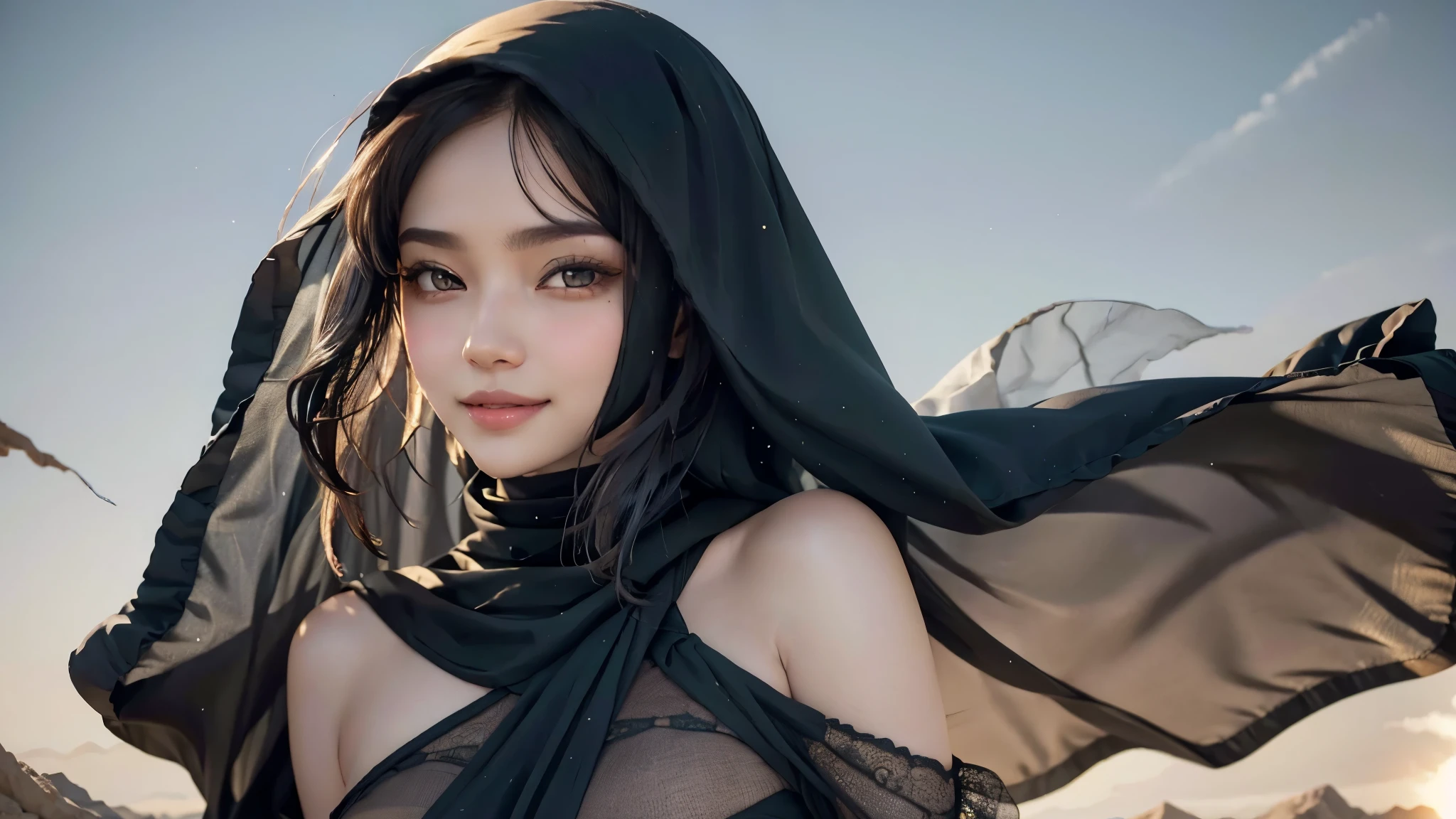 (best quality,4k,8k,highres,masterpiece:1.2),ultra-detailed,(realistic,photorealistic,photo-realistic:1.37),very beautiful sexy girl, big boobs, sexy arabic descendant, rich women, statuesque figure, intricate black hijab and abaya, detailed fingers, desert background, wind gust, subtle smile, oil painting, portraits, vivid colors, warm color tones, soft lighting.
