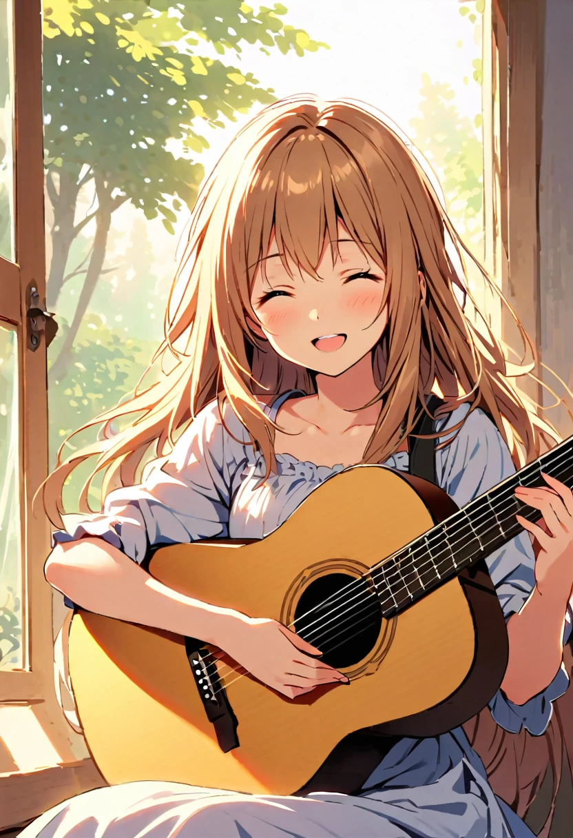 A young girl with long flowing hair sits by a large window, bathed in the soft golden glow of morning sunlight. She is holding an acoustic guitar, casually swaying her body as she joyfully strums a lively tune. The girl is smiling brightly, her eyes sparkling as she winks playfully while singing, lost in the moment. The curtains flutter lightly in the breeze, and outside the window, trees sway gently under the soft light of the early morning. The scene captures a feeling of serenity and contentment, with the music filling the room with warmth and happiness.