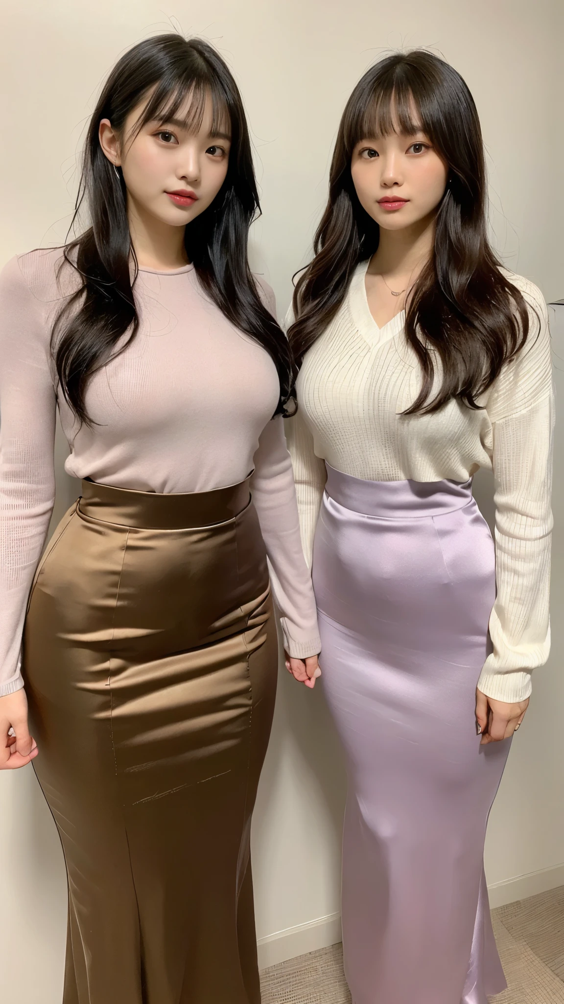 (masterpiece,Best Quality,Ultra-high resolution),Extremely detailed CG,Bob hair with bangs、Beautiful and well-proportioned face、(((Two very beautiful Japanese women))),((Both are wearing high-waisted mermaid pencil skirts in vibrant satin.)),((Maxi length long skirt))、Long sleeve shirt,The two are in close contact