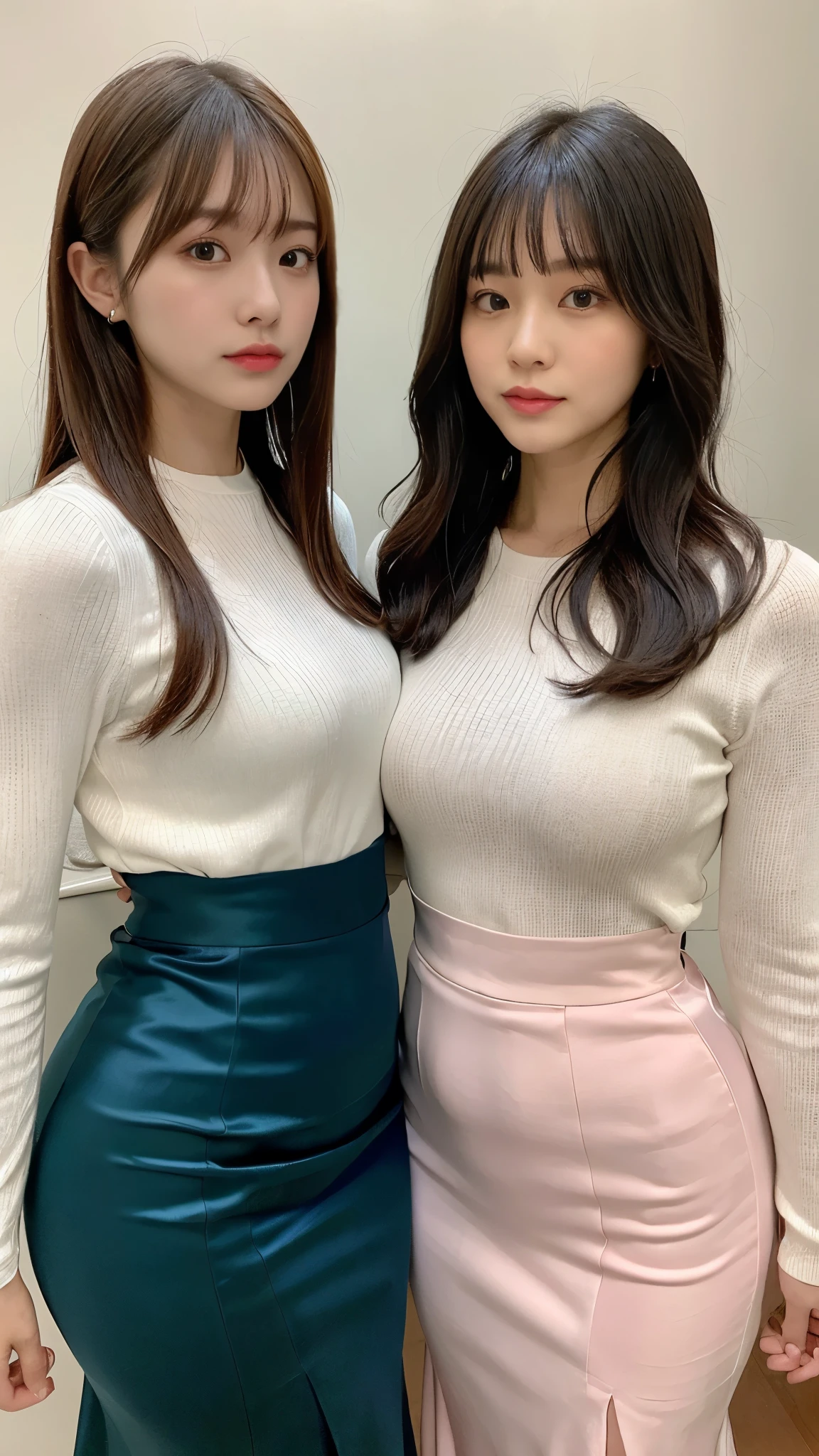 (masterpiece,Best Quality,Ultra-high resolution),Extremely detailed CG,Bob hair with bangs、Beautiful and well-proportioned face、(((Two very beautiful Japanese women))),((Both are wearing high-waisted mermaid pencil skirts in vibrant satin.)),((Maxi length long skirt))、Long sleeve shirt,The two are in close contact