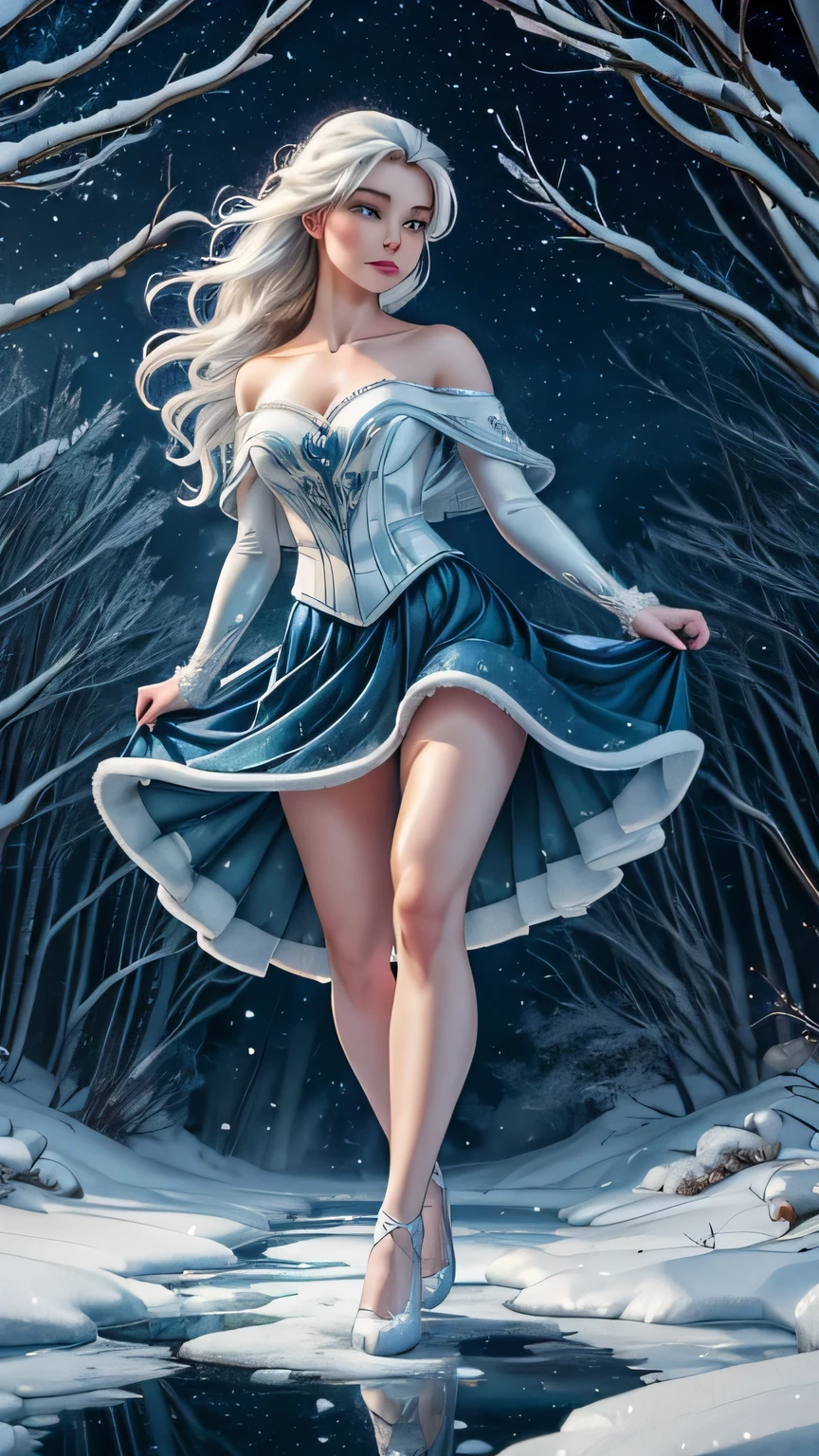 1girl, solo, (best quality,4k,8k,highres,masterpiece:1.2),ultra-detailed,(realistic,photorealistic,photo-realistic:1.37),night,full moon,arctic fox girl, silver off the shoulder princess outfit,snowy landscape,engaging eyes,wavy white fur,curious expression,elegantly seated,transfixing gaze,intimate connection,serene atmosphere,winter wonderland,icy cold breaths,subtle moonlight reflection,soft snowflakes falling,calming silence,wildlife beauty,ethereal scene,peaceful encounter,deep sense of awe,dreamlike ambiance,natural elegance,frozen tranquility,enchanted encounter,unique sighting,emotional depth,sublime masterpiece,immersed in nature,vivid colors,crisp details,sharp focus, luminous whites, mysterious shadows,vibrant hues,dark blue tones,subtle gradient,subdued lighting,frozen world,glowing eyes,harmony with nature, reflective mood, distinctive charm. mid-twirl with a flowing skirt swirling around her legs, creating a sense of motion and . Her arms can be outstretched or gently holding the edges of the skirt to emphasize the twirling movement. The body should be slightly angled to highlight the fluid lines of the skirt in motion.
