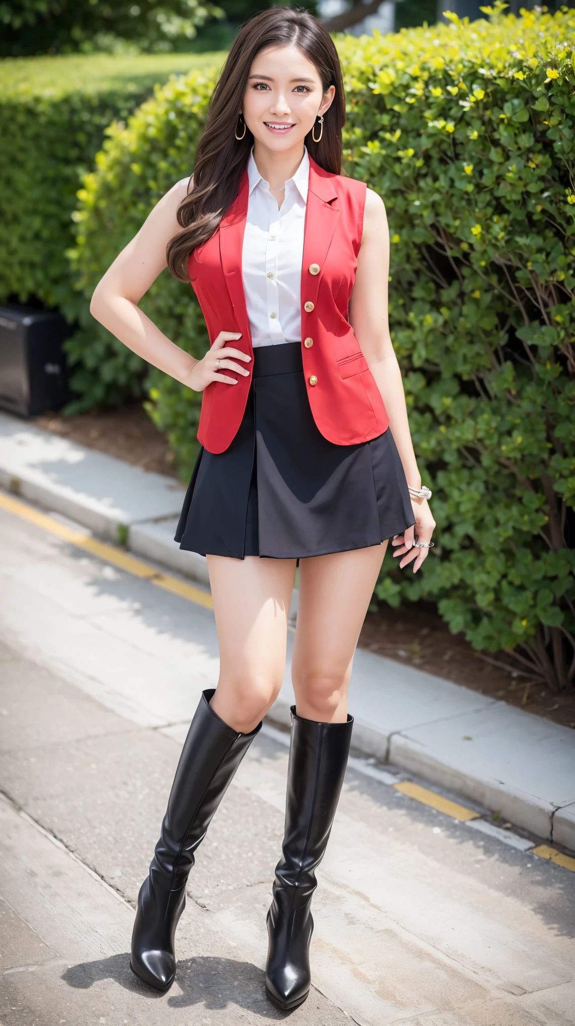 (Dark blonde hair),Ultra realistic 8K, (Mature female,40 years old),(Heavy makeup), Earring,Big breasts:1.0,Standing infront of the luxury highschool,Nikon Z 85mm,((Best Quality)) ,((masterpiece)),intricate detailes,Photorealistic,Extremely delicate and beautiful,((Sleeveless,Red High school girl in uniform,Buttoned shirt,Short blazer,Mini skirt)):1.4,(Long boots with high stiletto heel,Pointed toe):1.0,Full body shot:1.2,Tempting smile,NSFW