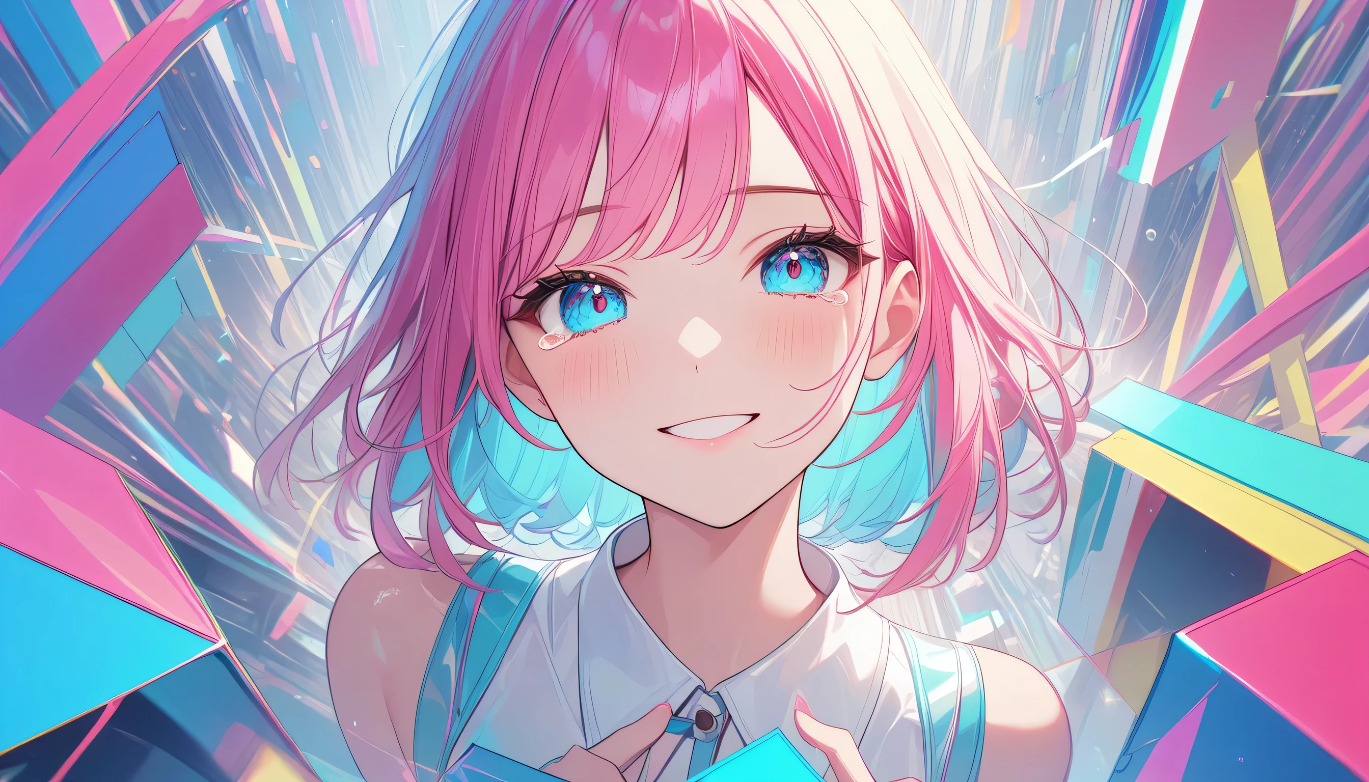 A girl with pink hair and blue eyes standing in front of a colorful ...