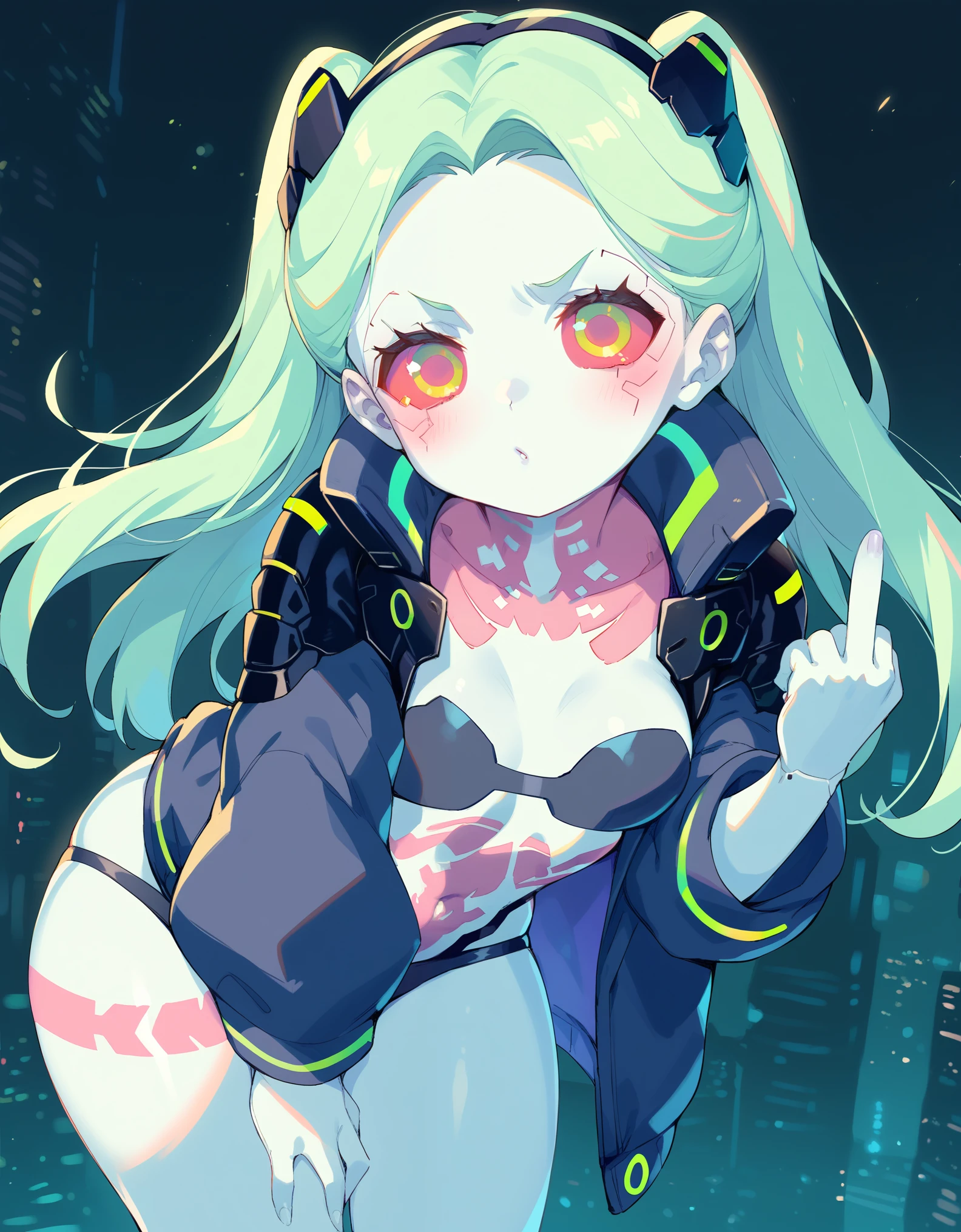 score_9, score_8_up, score_7_up, score_6_up, source anime, explicit, BREAK accaeberpnxl, rebecca \(cyberpunk\), colored sclera, colored skin, green hair, bare arms, middle finger, black panties, black jacket, bra, open clothes, looking at viewer, bent over, from above