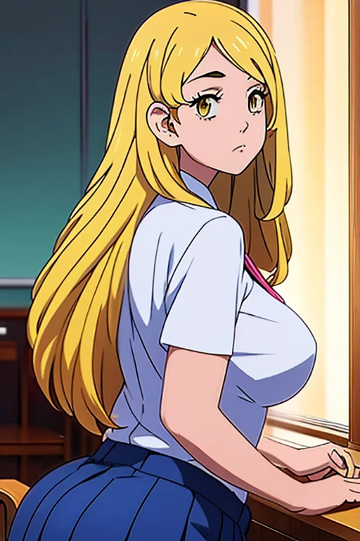 A  Asian schoolgirl , overdeveloped body with large, round breasts and a large heart-shaped butt , asian schoolgirl uniform, Korean high school uniform,long hair blonde girl, long hair down to the lower back, Blonde hair gold , golden eyes , golden yellow eyes  