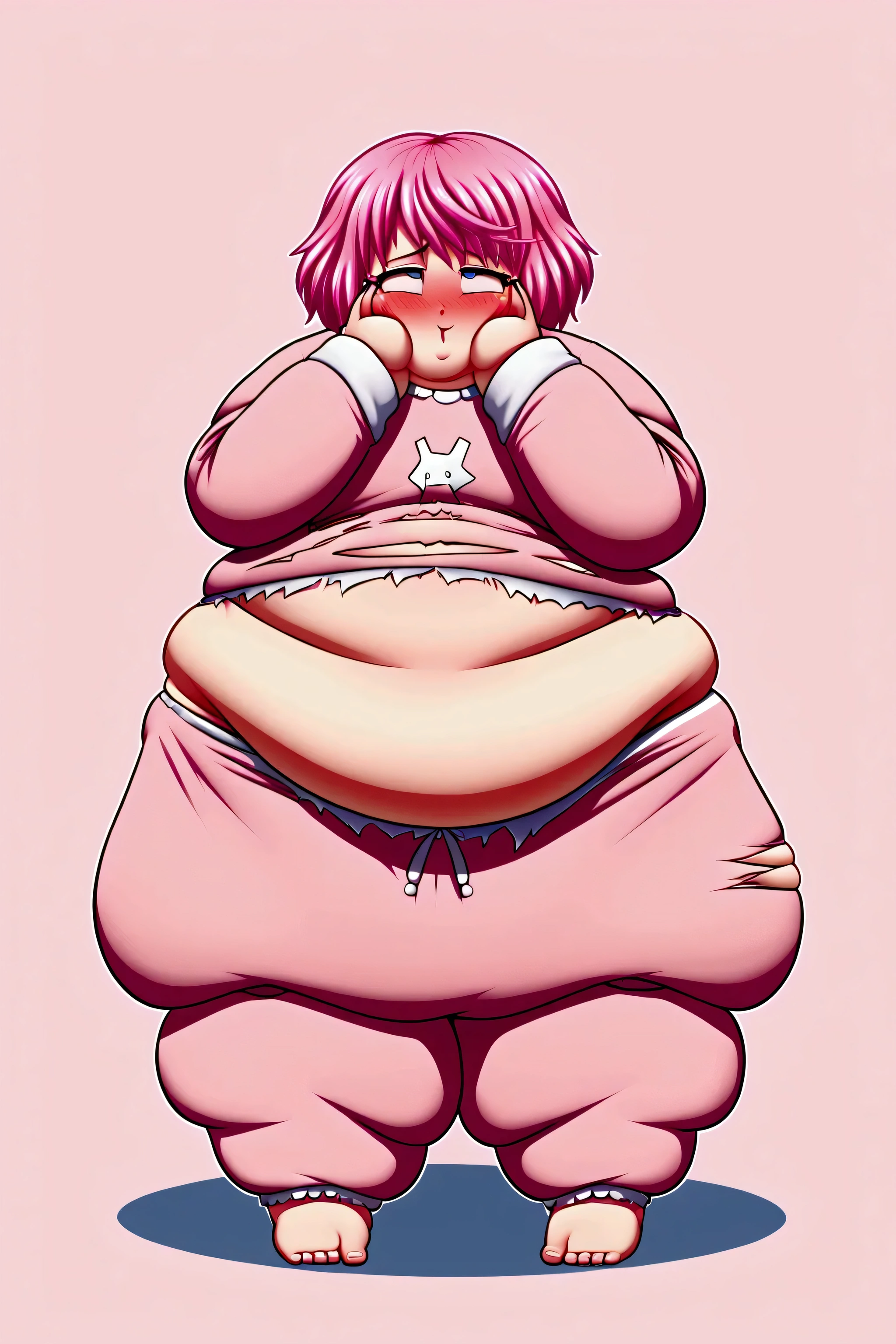 Flat chest, very small   solo, 1girl, glasses, long fluffy pink hair, skinny, white t-shirt, pink fluffy sweatpants, slight smile, crop top, pajamas, navel exposed, pajama pants, half lid eyes, seductive