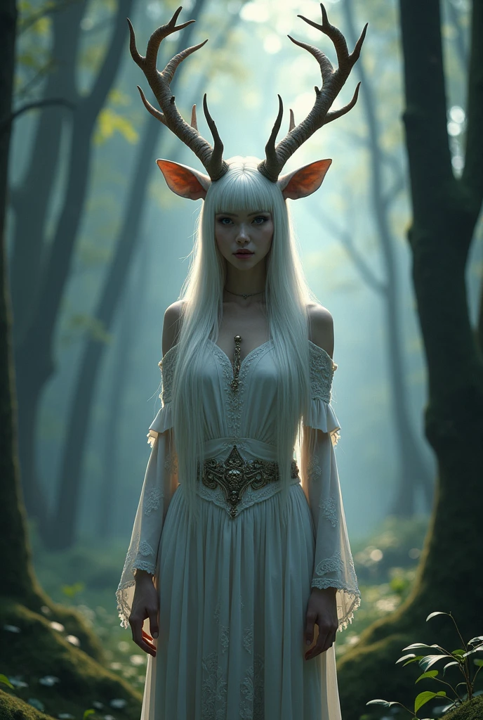 a deer woman with icy horns, large round blue eyes, wearing a dark blue dress, ultra-detailed, photorealistic, 8k, professionally painted, dramatic lighting, fantasy, magical realism, muted color palette, serene atmosphere