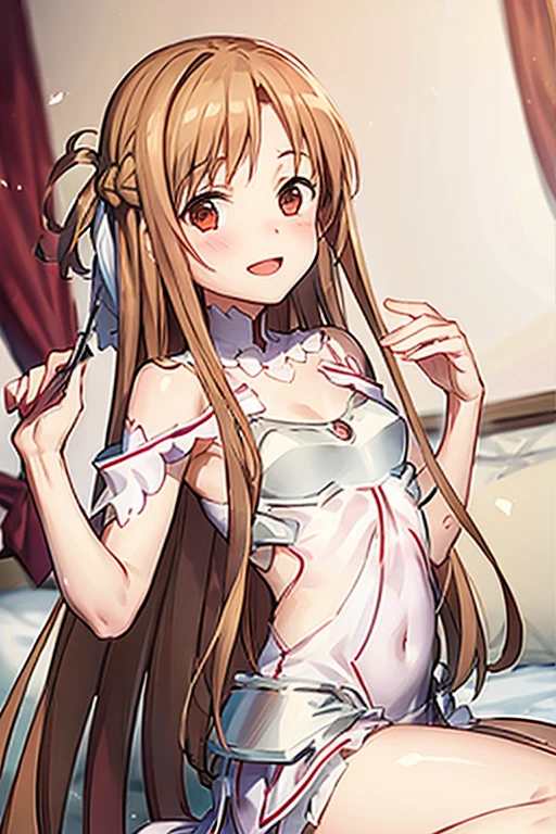 ((Best Quality)), ((masterpiece)), (be familiar with), Perfect Face, indoor, bedroom, Watching the audience,
One woman, Yuuki Asuna,
Open Mouth, Ecstatic expression, blush, smile,
Small breasts, Flat Chest, , , child, Girl,
Long Hair, Long Hair,
Leg spread,