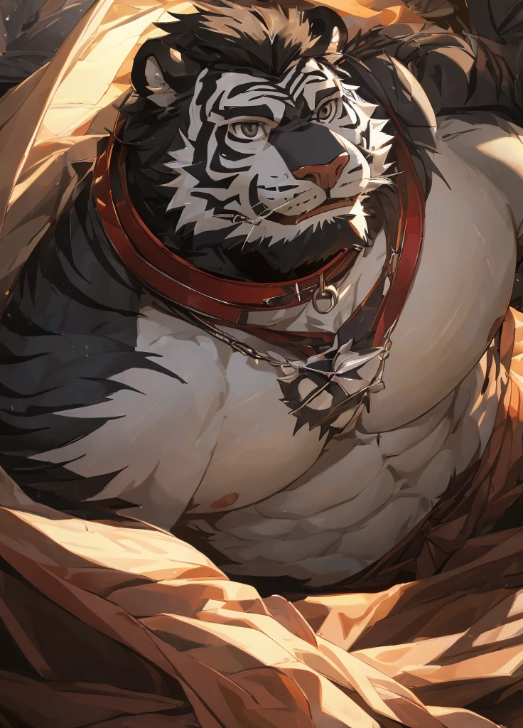 human nature((dramatic))epic, dynamic poses, dynamic angle, a scene in, Extreme perspective and powerful composition, ridiculous, (super detailed), sharp focus, Genji, Eye, black Eye, hairy, white fur, Black and white fur, Blackbeard, black hair,human nature (White Tiger), male, middle aged, white body, white belly, muscular, super detailed face, (delicate Eye), 1 boy, in the house,Lying in bed,(disheveled 1.4),(1.2)motion blur, (best quality), (masterpiece), high detail, high quality, Award-winning, high resolution, HD, 16k, Yes, (close up:1.5)