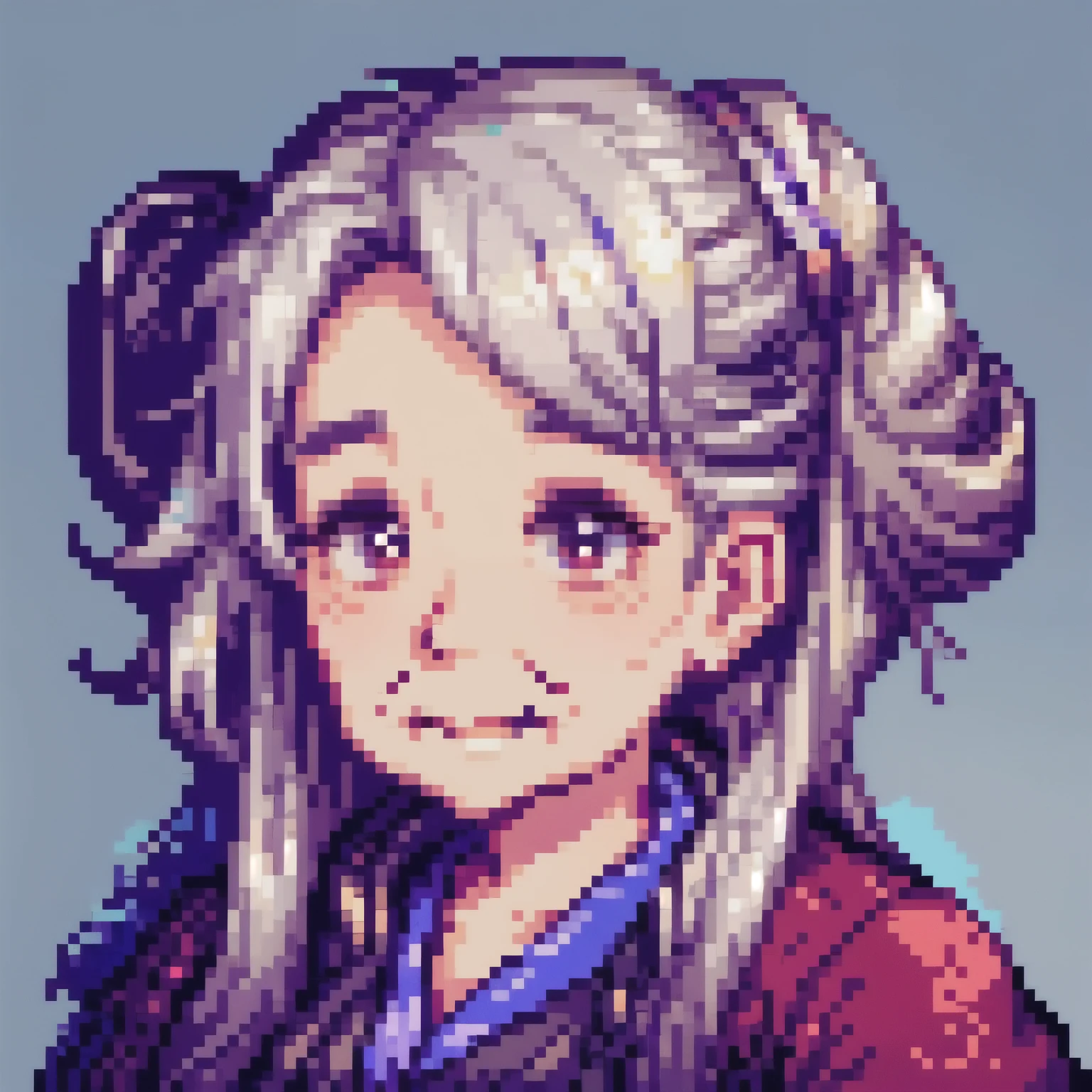 stardew valley like pixel-art portrait of a petite, elderly woman with silver hair tied in a neat bun. She has a warm, chubby, kind face with gentle wrinkles, deep brown eyes, and wears simple, elegant robes in shades of blue and violet, simple