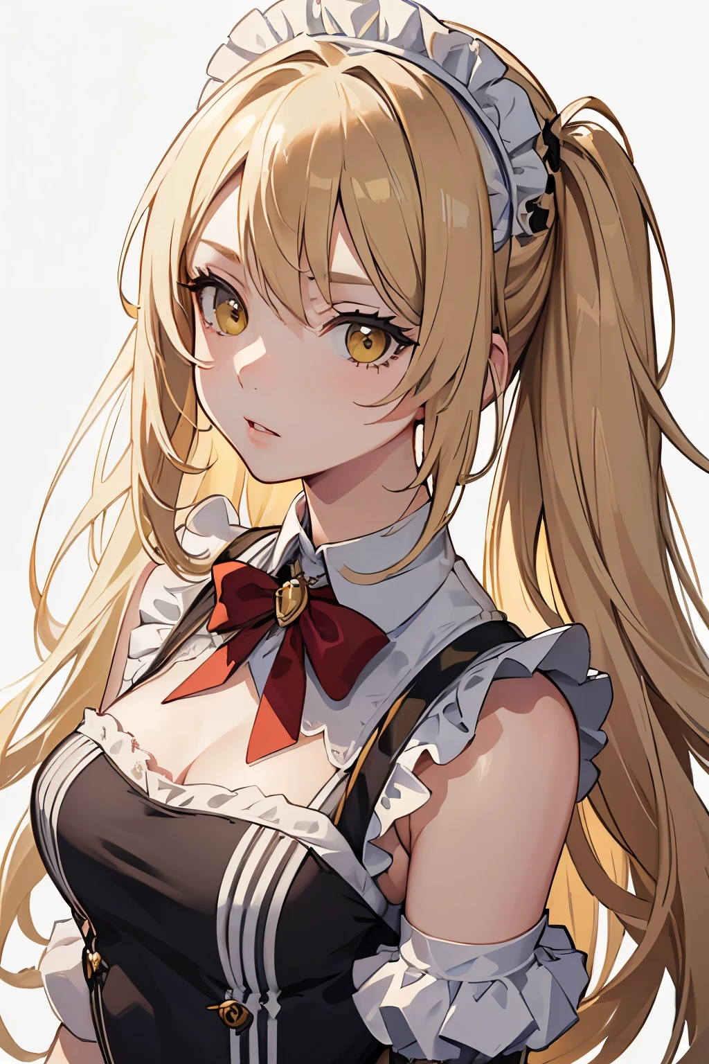 masterpiece, best quality, 2girls, friends, 1brunette hair, 1blonde hair, yellow eyes, long hair, messy hair, mugshot, small breasts, upper body, maid outfit, mature, mature face, empty background, detailed eyes, detailed facial features, realistic and high resolution (best quality, 4k, 8k, highres, masterpiece:1.2)