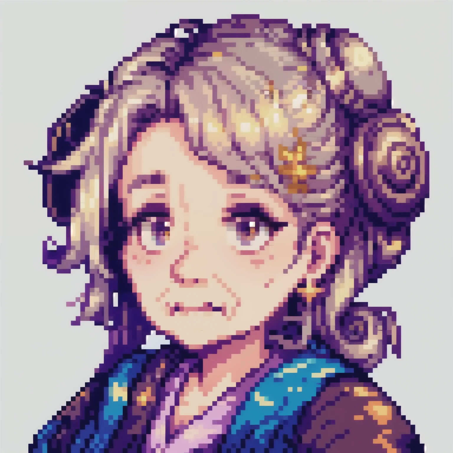 stardew valley like pixel-art portrait of a petite, elderly woman with silver hair tied in a neat bun. She has a warm, chubby, kind face with gentle wrinkles, deep brown eyes, and wears simple, elegant robes in shades of blue and violet, simple