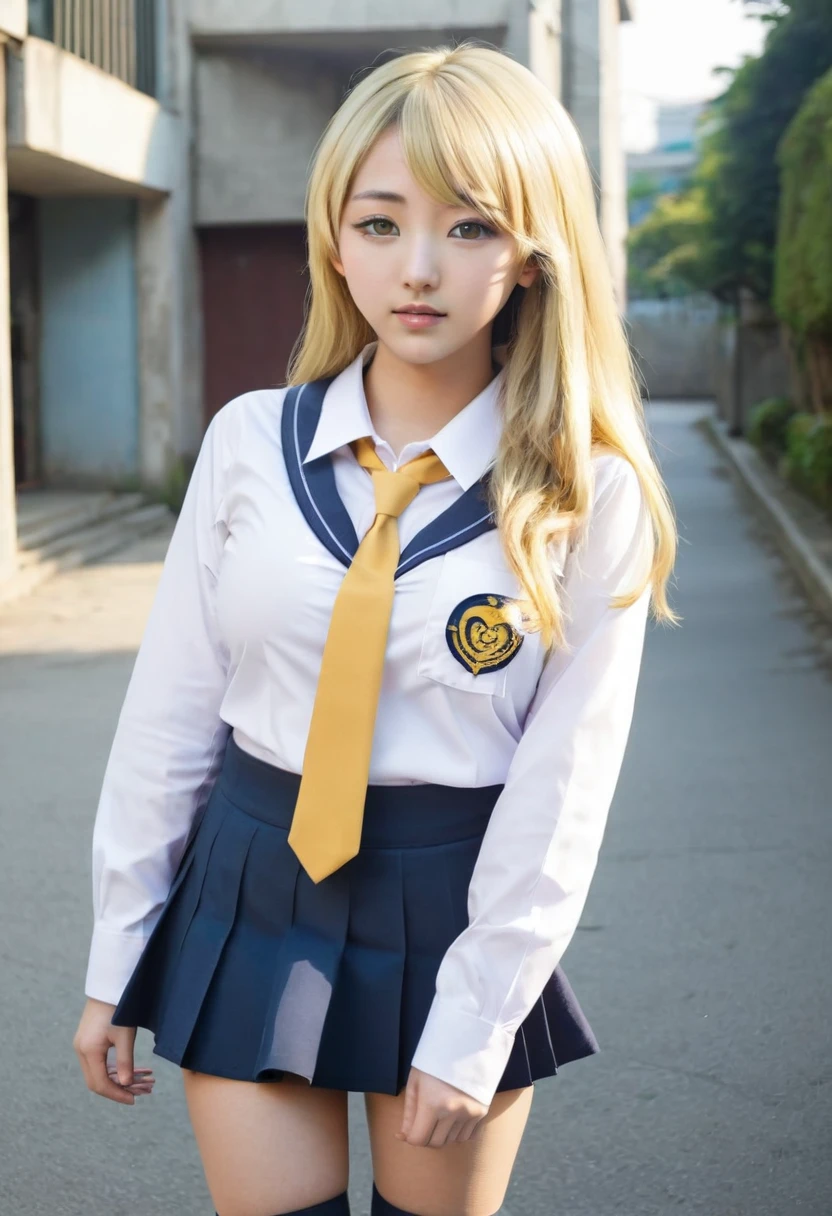 A  Asian schoolgirl , overdeveloped body with large, round breasts and a large heart-shaped butt , asian schoolgirl uniform, Korean high school uniform,long hair blonde girl, long hair down to the lower back, Blonde hair gold , golden eyes , golden yellow eyes  