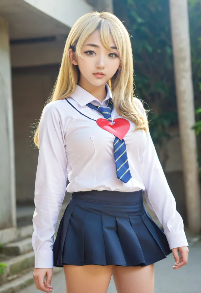 Browsing Caution、8k,highest quality, masterpiece, Very detailed, Ultra-high resolution, Realistic, RAW Photos, , Absolute Resolution, Complete limbs、Complete Anatomy、Perfect beautiful skin、pretty girl1人,Cute girl 、、(smile:1.2)、Gal、、(Short sleeve white collar shirt:1.1)、bow tie 、、(Micro Mini Skirt:1.2)、、Accentuate your thighs、、、(blonde:1.2)、、、pretty girl、 , Realistic young gravure idol, Japanese Girls、、alone、(Midsummer schoolyard:1.2)、